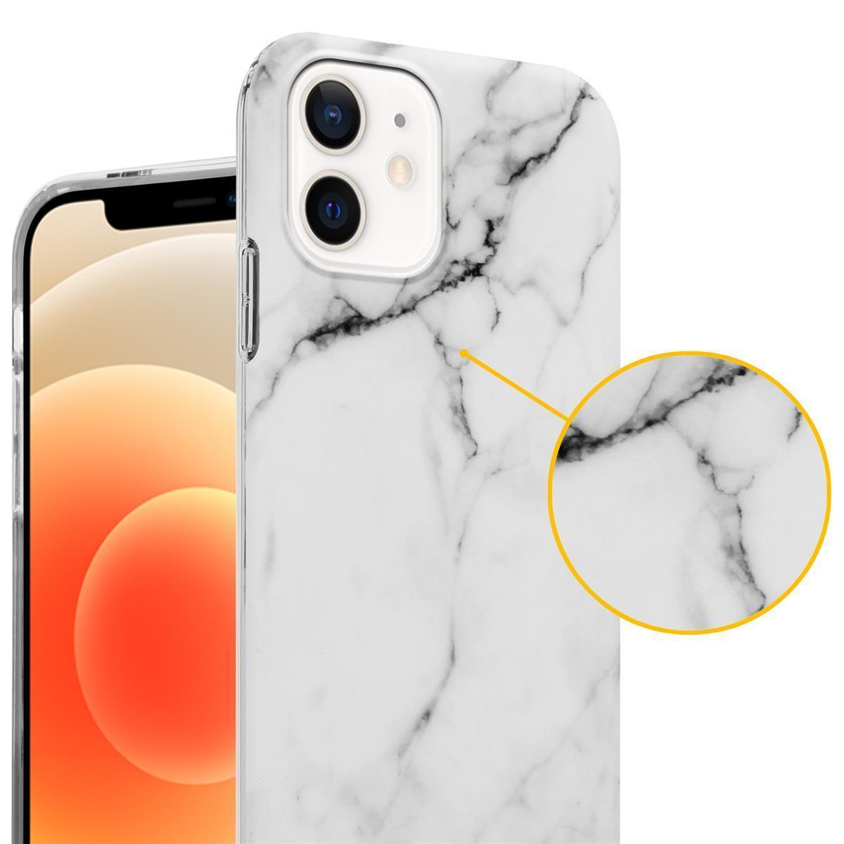 Weißes Handycase mit Marmorstruktur, Nahaufnahme mit kreisförmigem Detail.
