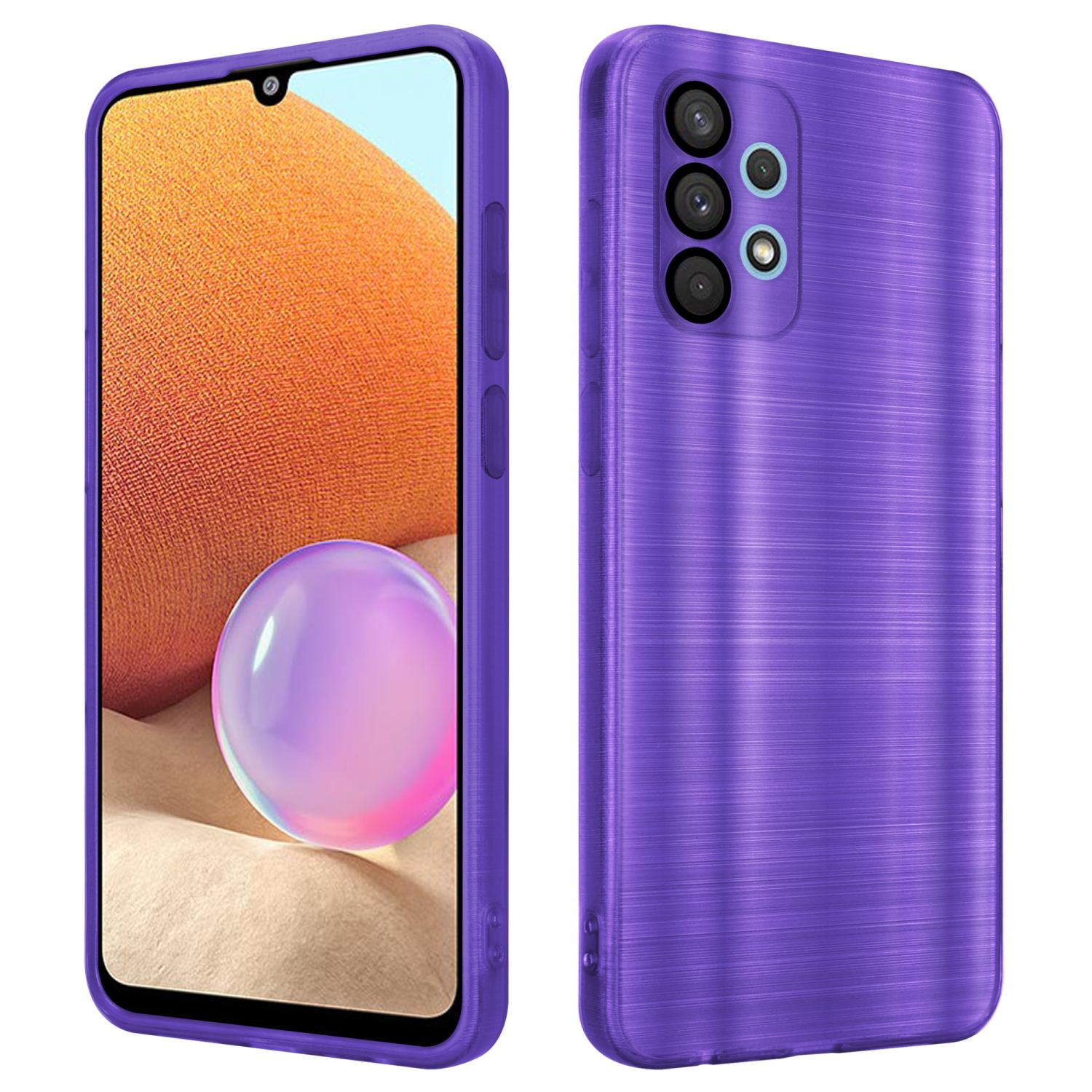 Una custodia viola con un telefono dentro. Il retro ha tre fotocamere.