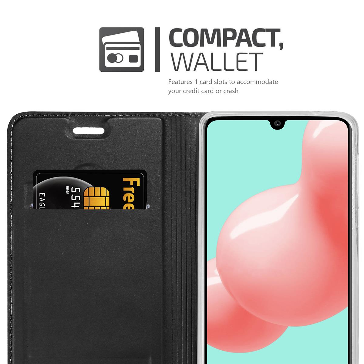 Eine Hand, die eine Handyhülle mit Kartenfach und Telefon hält. Das Telefon ist rechts.