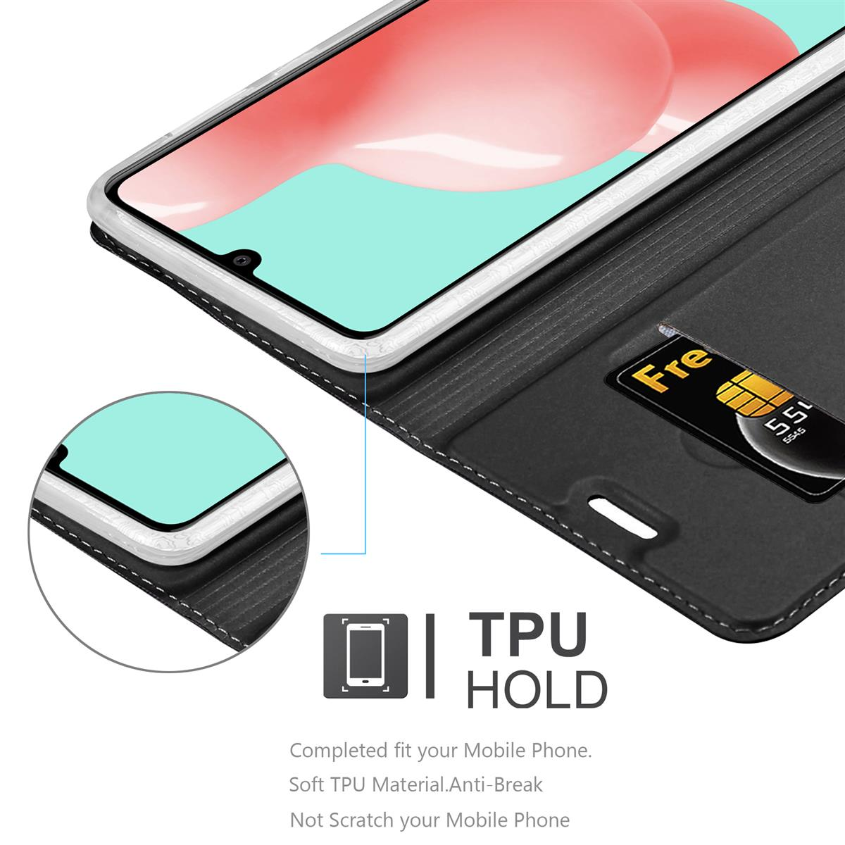 Schwarze Handyhülle mit Telefon, Kreditkartenfach und dem Text 'TPU HOLD'.