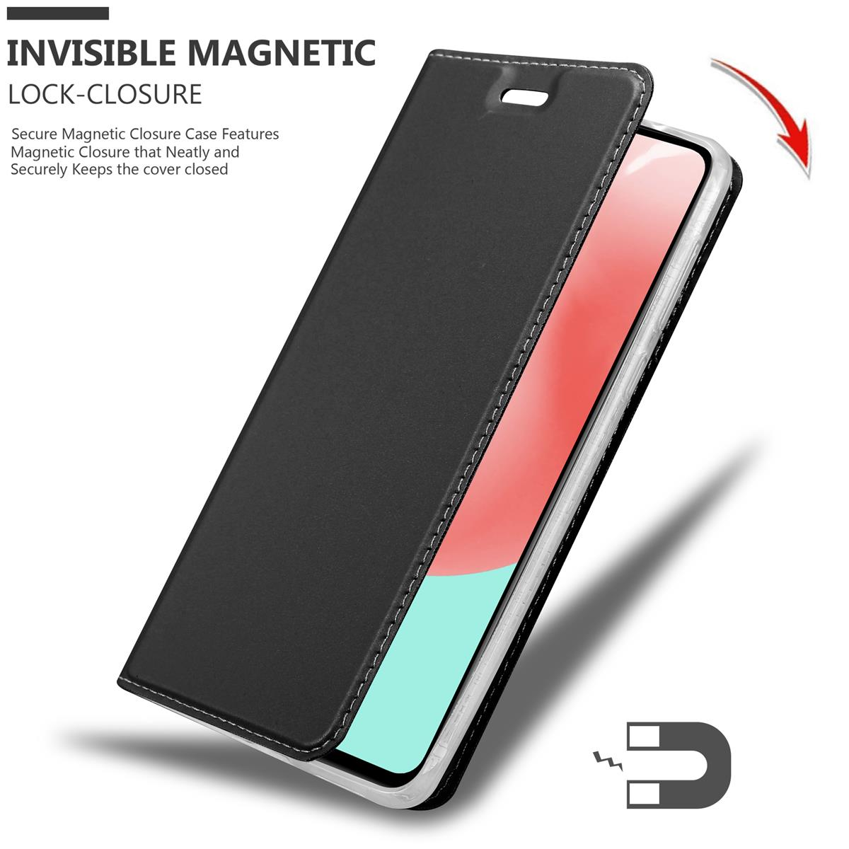 Eine schwarze Handyhülle, geöffnet, mit einem Telefon darin. Die Hülle hat einen Magnetverschluss.