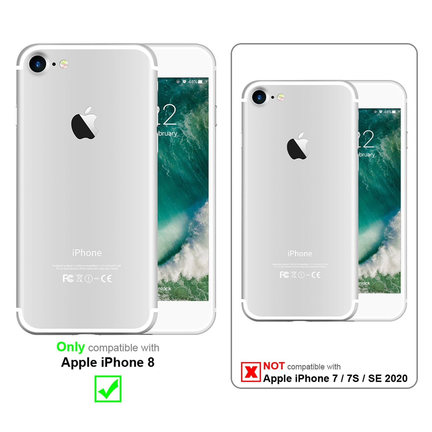 Zwei Telefone, eines mit und eines ohne Hülle. Das Telefon mit Hülle ist mit iPhone 8 kompatibel.