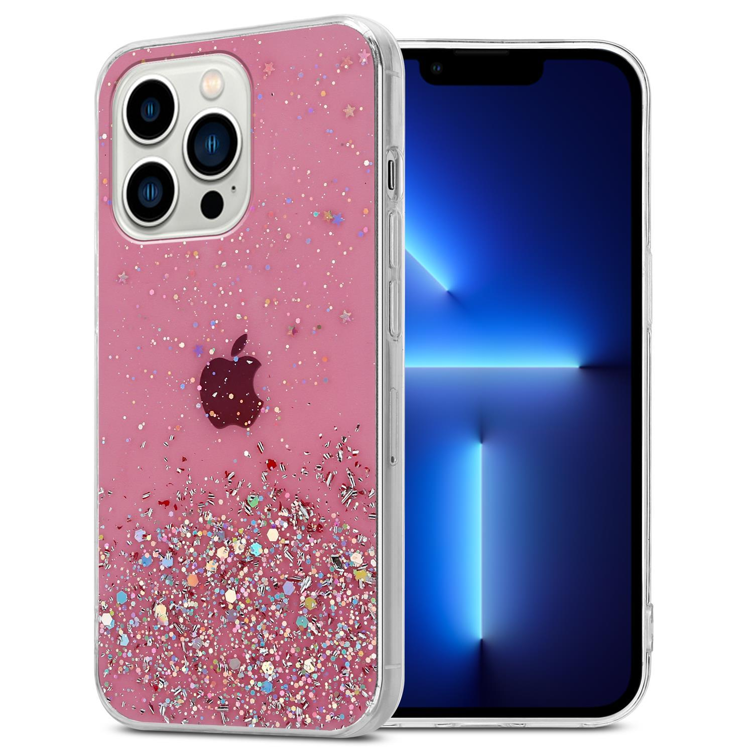 Rosa Handyhülle mit Glitzer, daneben ein Telefon mit blauem Bildschirm.