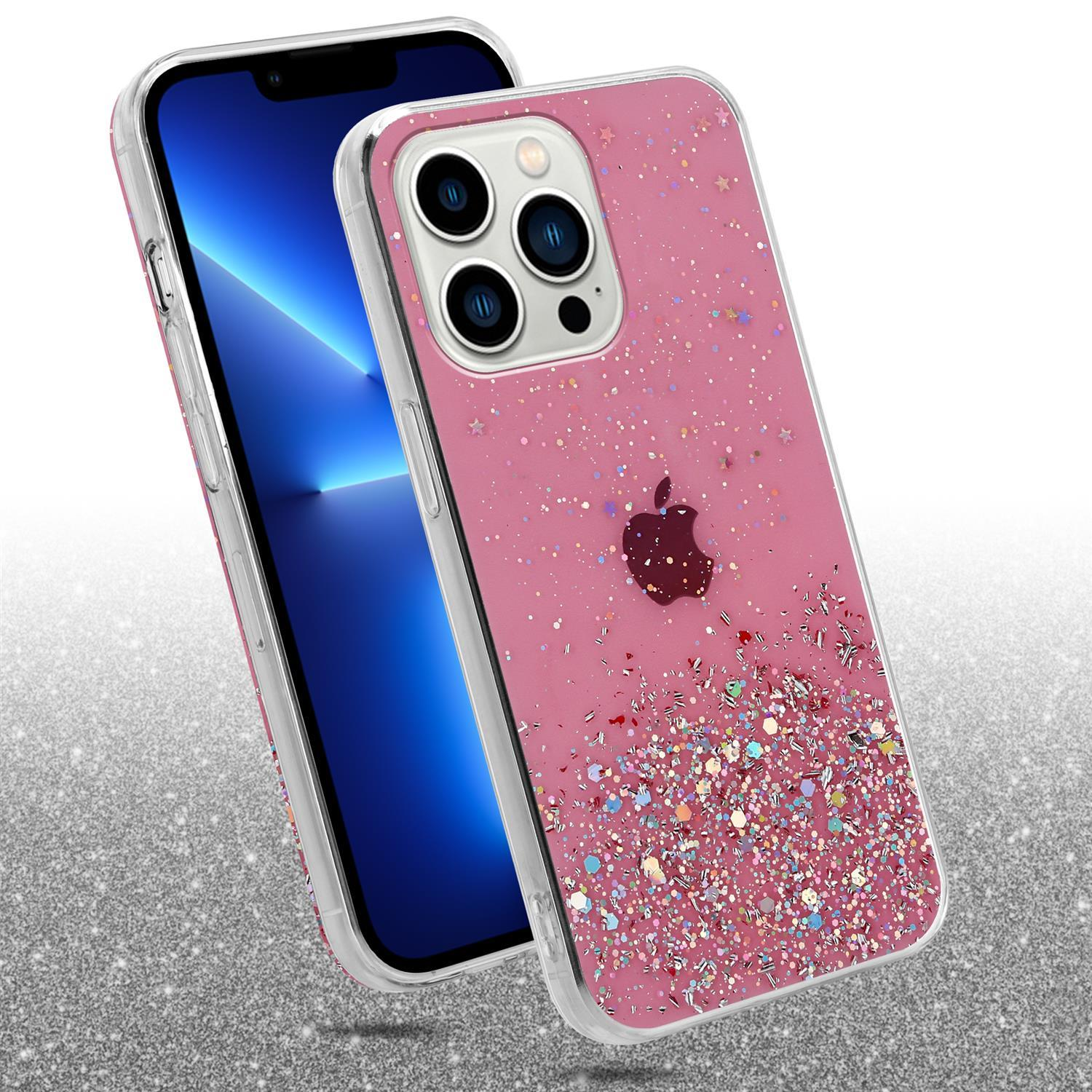 Transparente rosa Handyhülle mit Glitzer und Sternen, auf einem Telefon. Apple-Logo sichtbar.