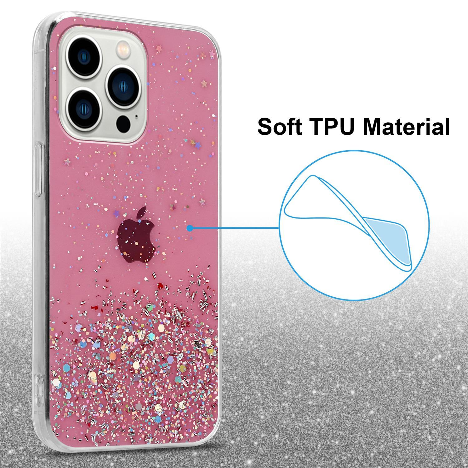 Rosa Handyhülle mit Glitzer und einem Apfel-Logo.