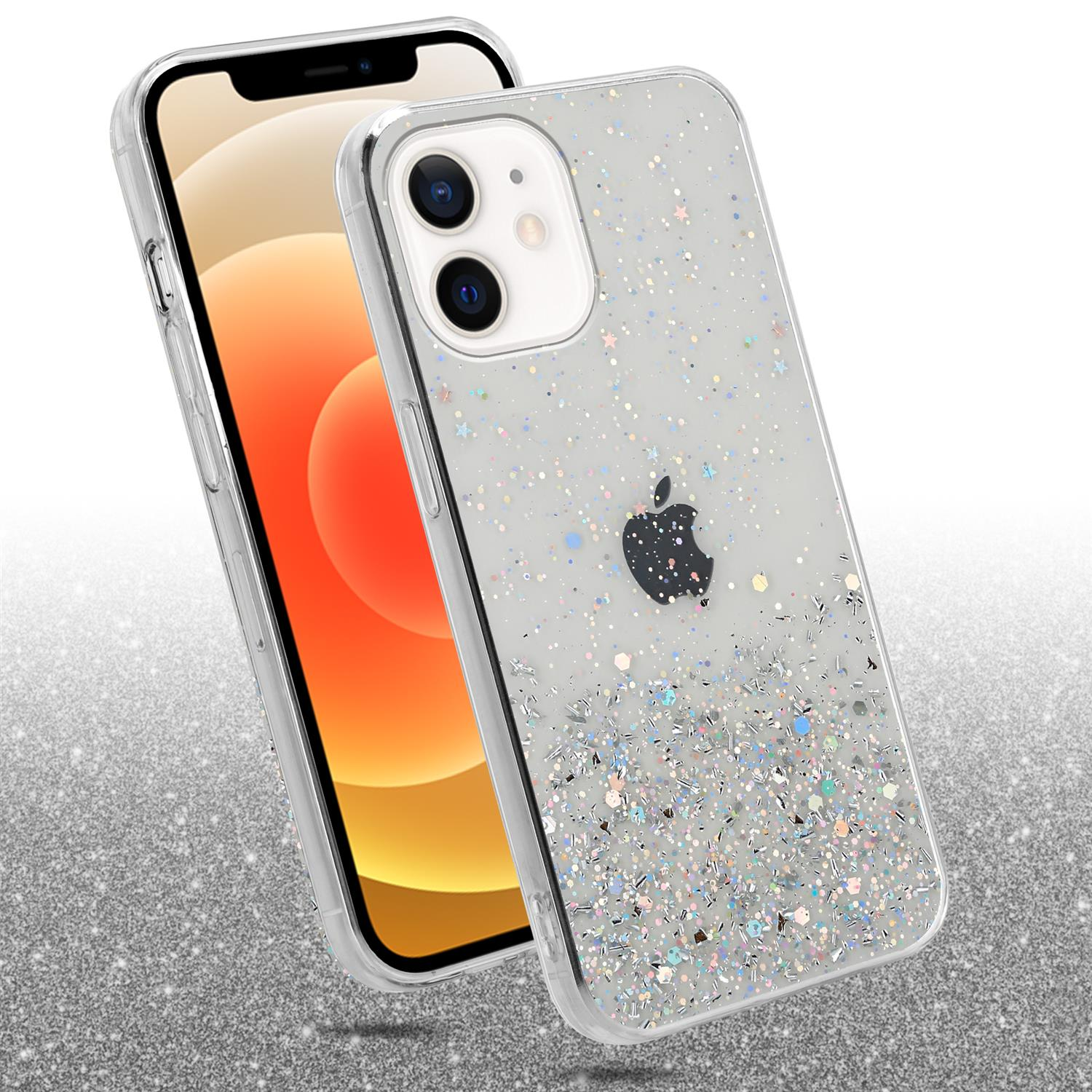 Transparente Handyhülle mit Glitzer und Apple-Logo, auf glänzender silberner Oberfläche.