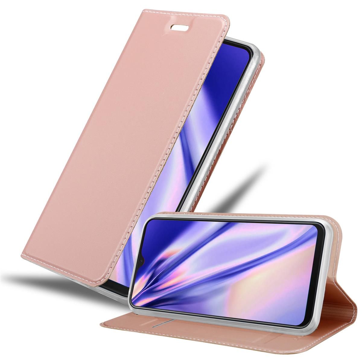 Una custodia per telefono rosa aperta, con un telefono all'interno e un altro telefono con la custodia. Cuciture bianche.