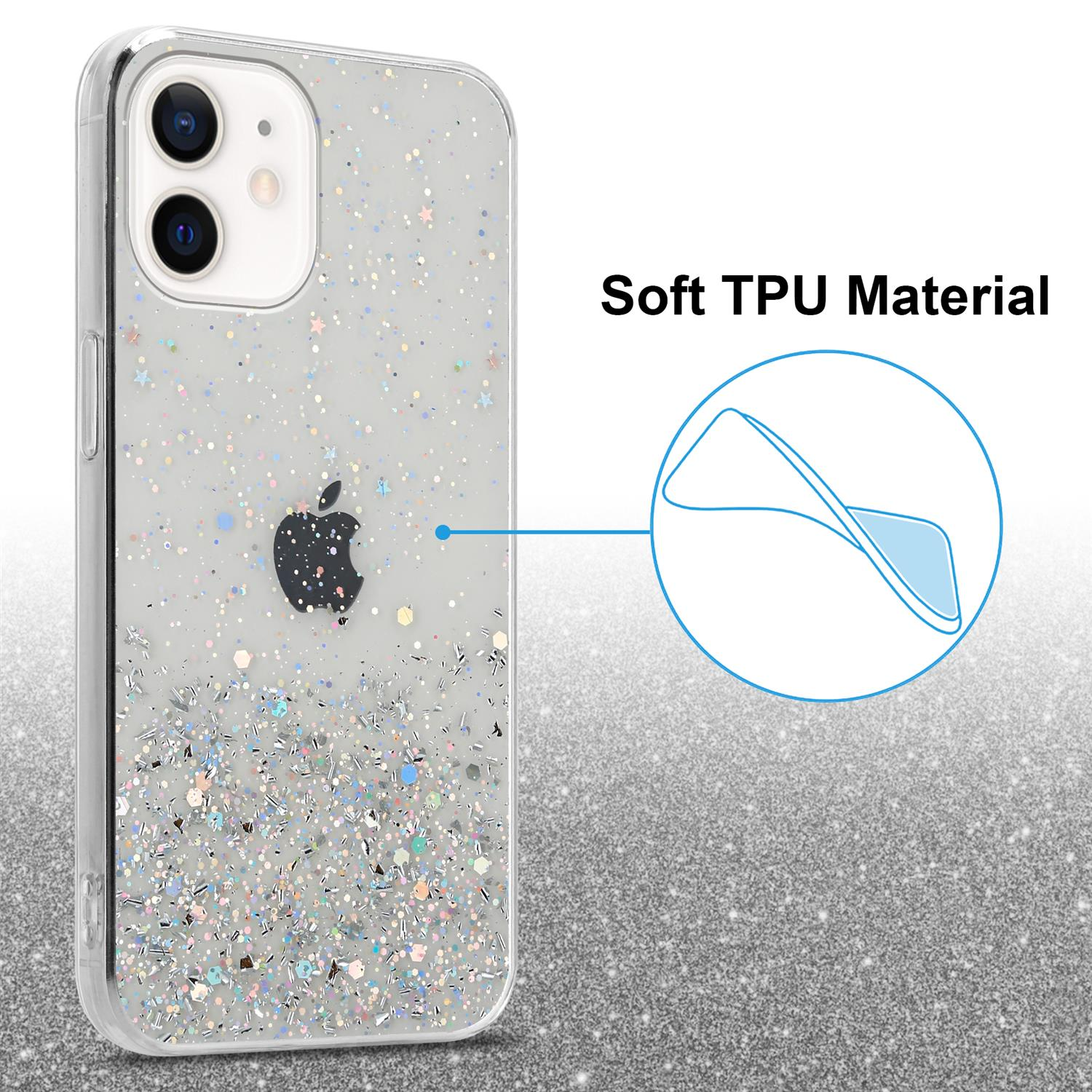 Transparente Handyhülle mit Glitzer und einem schwarzen Apple-Logo.