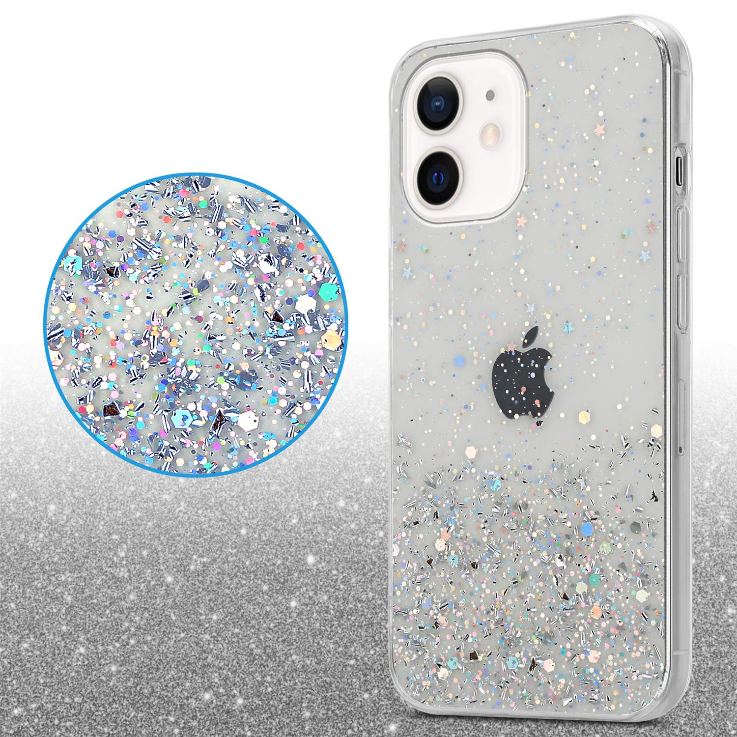 Transparente Handyhülle mit Glitzer. Apple-Logo sichtbar. Kreis mit Glitzer. Glitzerhintergrund.