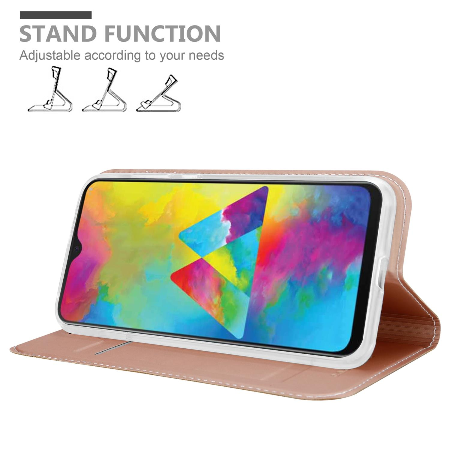 Custodia per telefono rosa a libro, con funzione stand. Lo schermo del telefono mostra un'immagine colorata.