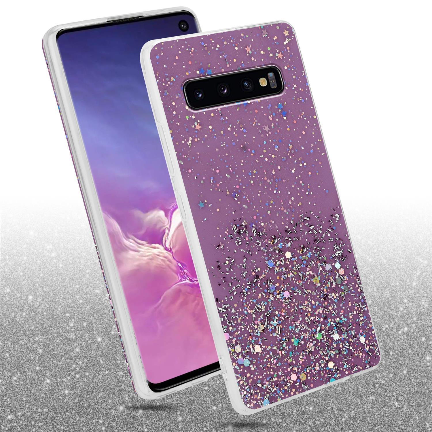 Lila Handyhülle mit Glitzer. Telefon ist in einer Hülle. Der Glitzer ist unten. Der Hintergrund ist Glitzer.