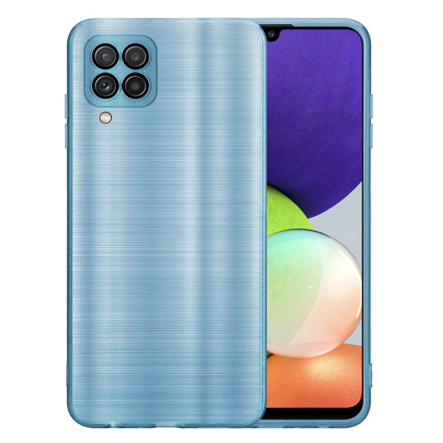 Custodia blu con design strutturato; lo schermo del telefono è visibile dietro la custodia.