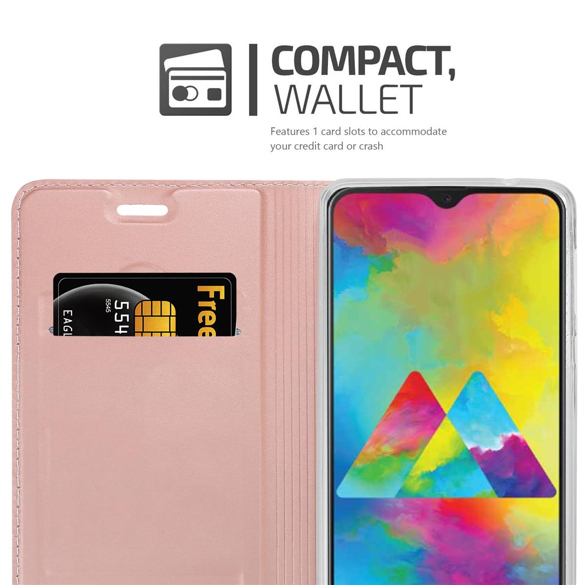Custodia rosa per telefono con fessura per carta di credito. Lo schermo del telefono mostra un'immagine colorata e una carta.