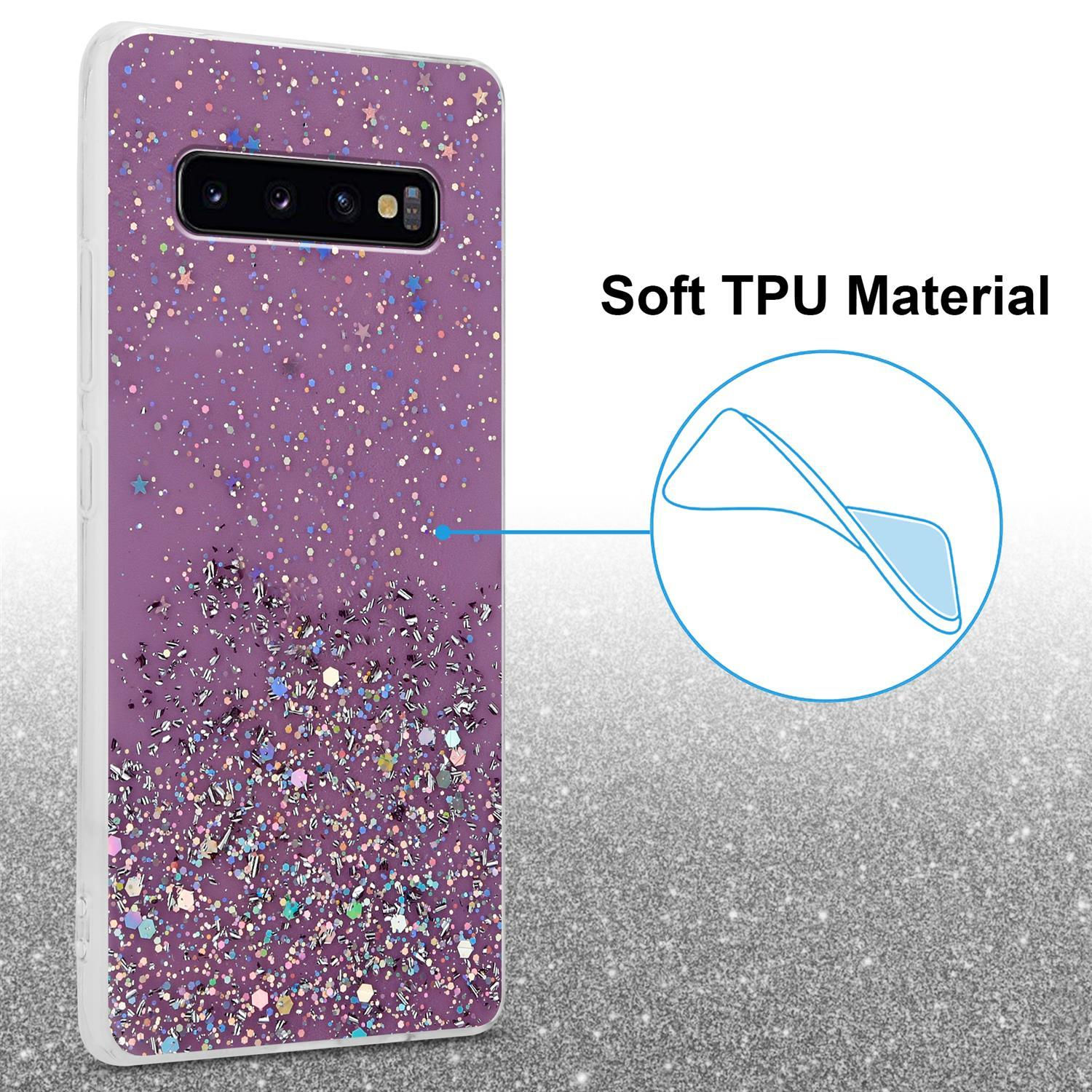 Eine lila Handyhülle mit Glitzer. Die Hülle liegt auf glitzernder Oberfläche. Text zeigt Funktionen.