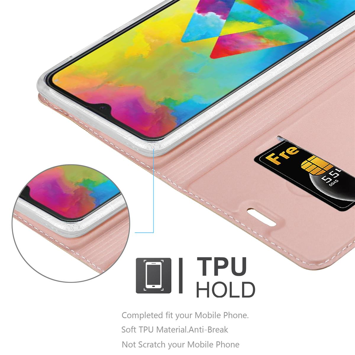 Custodia aperta, rosa con telefono dentro, fessura per carte con carta. Schermo del telefono visibile.