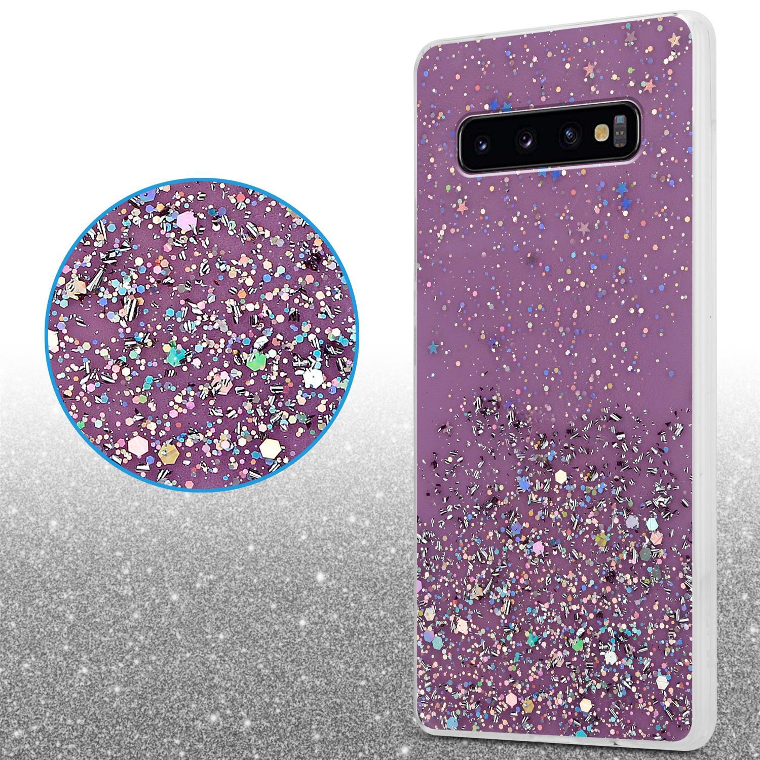 Lila Handyhülle mit Glitzer. Die Hülle befindet sich auf einem Telefon. Nahaufnahme des Glitzers.