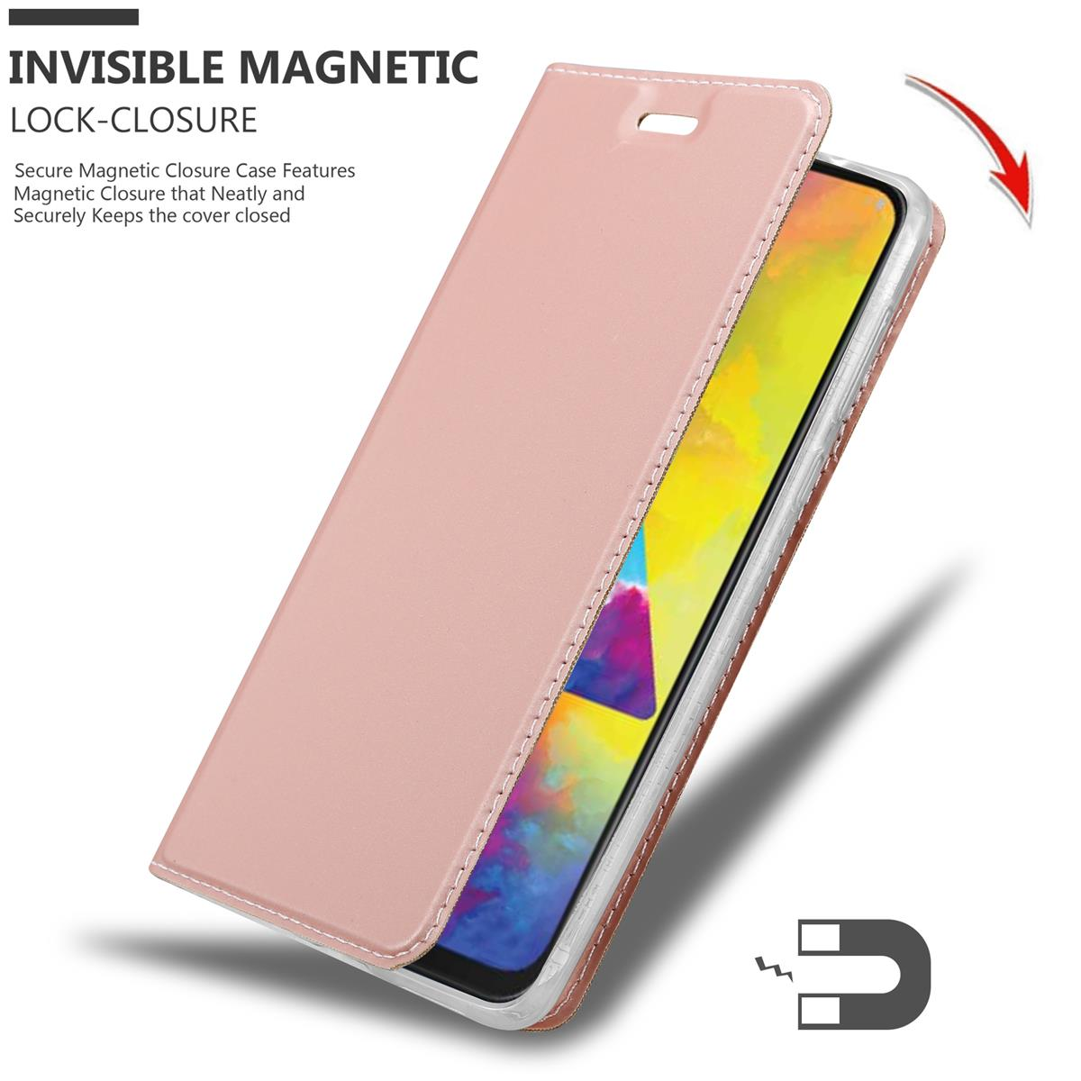Custodia rosa, aperta, mostra un telefono. Testo: Chiusura magnetica invisibile. Icona magnete.