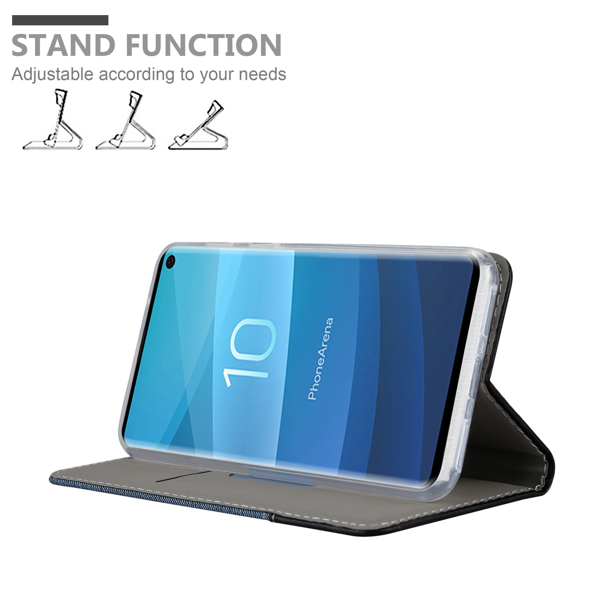 Telefono nella custodia, funzione stand visibile. La custodia è aperta, con il telefono appoggiato.