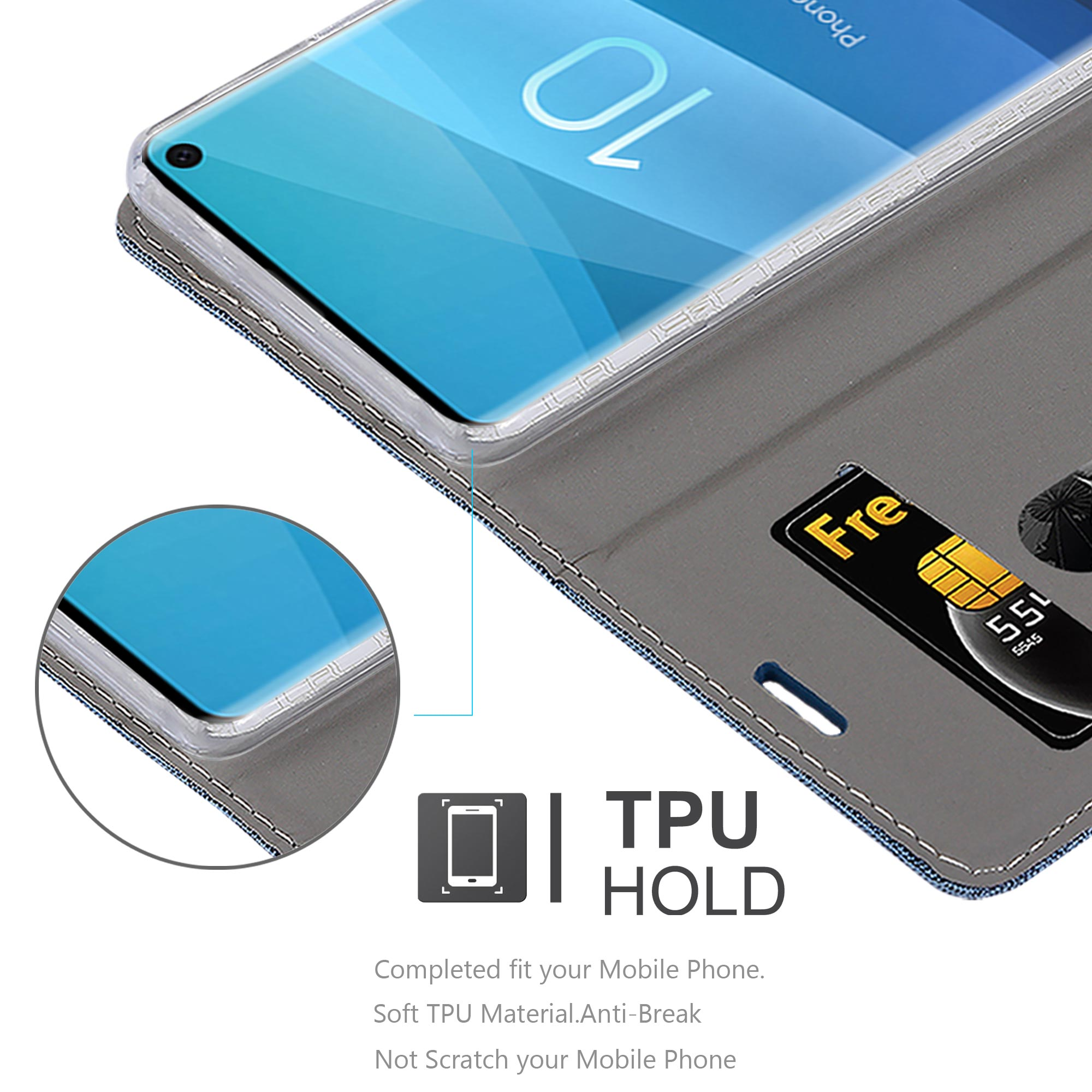Telefono in custodia con carta di credito all'interno, vista ravvicinata, con indicazione TPU.