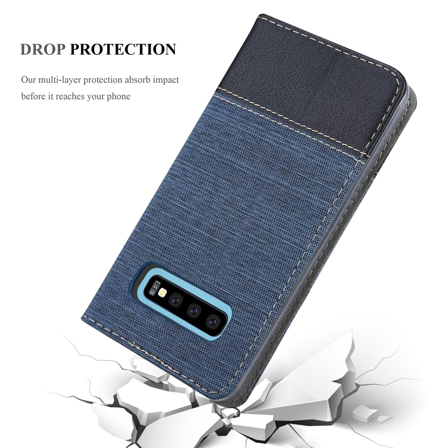 Custodia per telefono blu stile denim, parzialmente aperta. Design nero e blu con cuciture bianche e ritaglio per fotocamera.