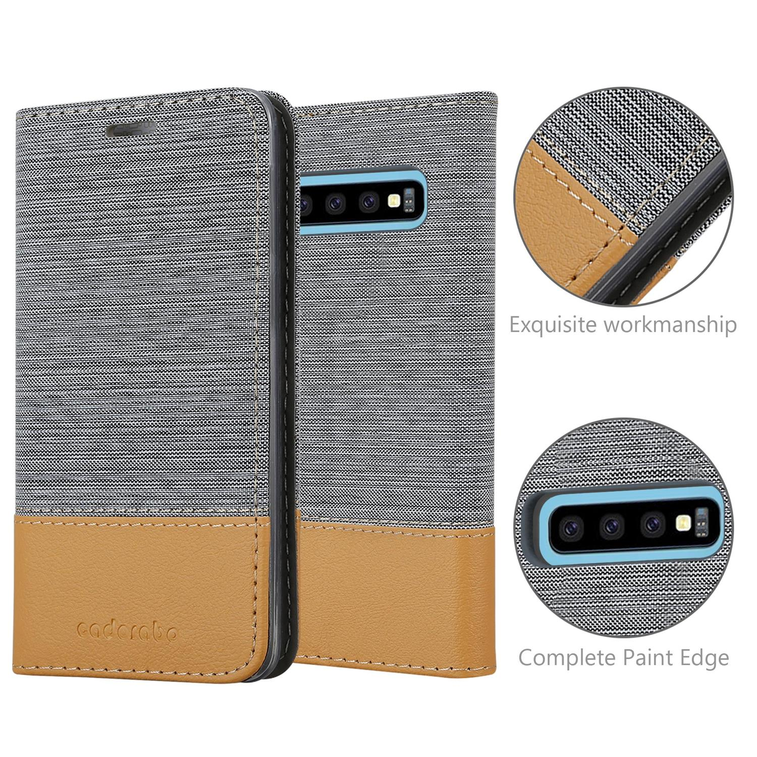 Graues Handycase mit braunem Leder und Text darauf.
