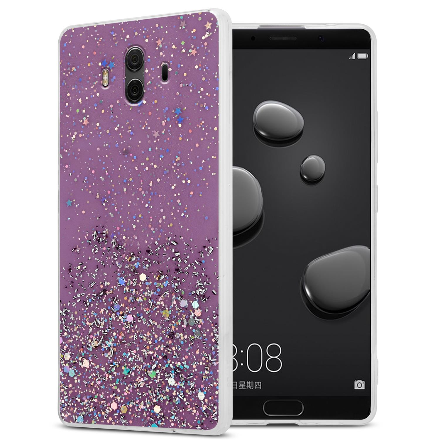 Lila Handyhülle mit Glitzer- und Sterndesign, mit einem Telefonbildschirm, der einen dunklen Hintergrund zeigt.