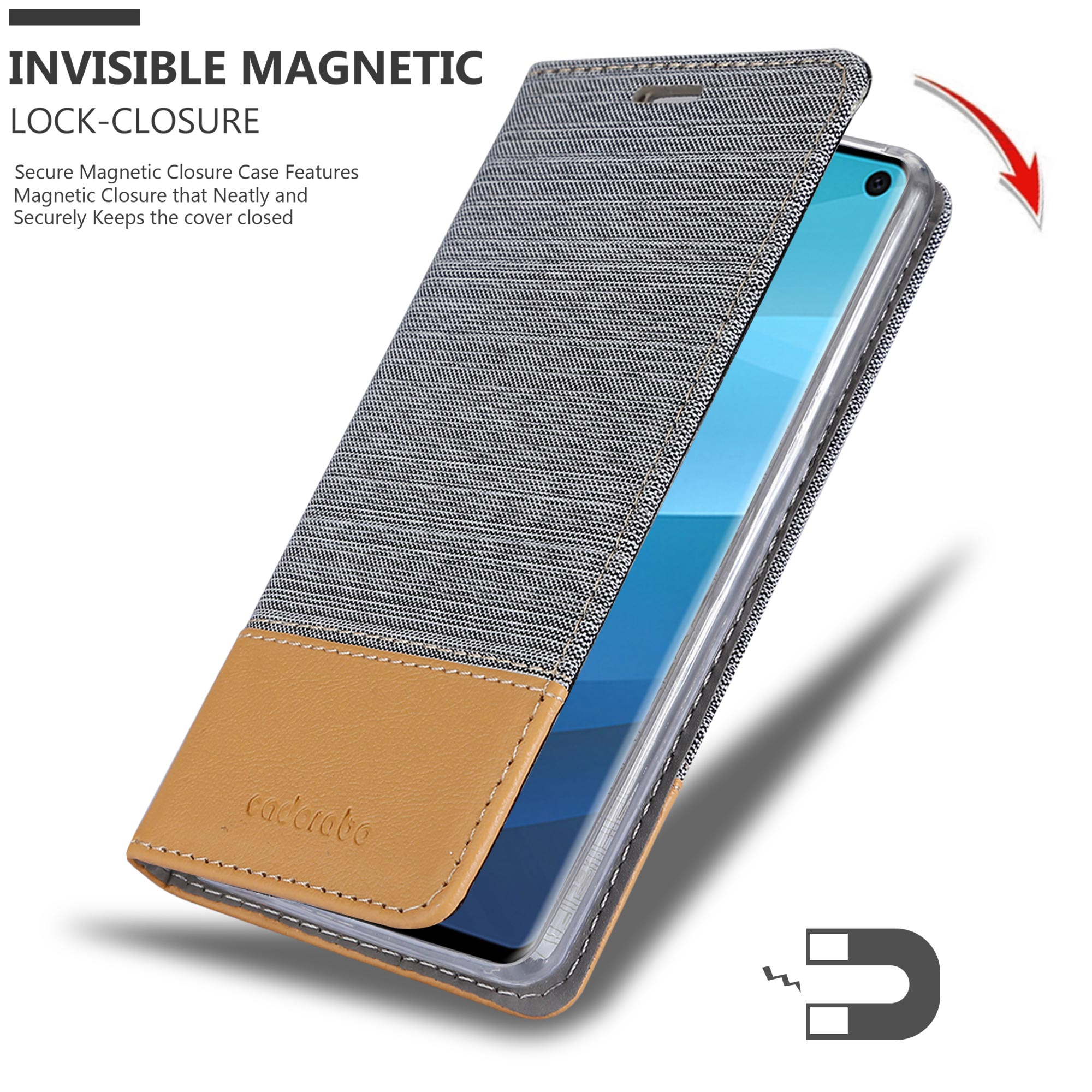 Graue und braune Handyhülle, offen. Text: Unsichtbarer Magnetverschluss. Ein Magnet-Symbol unten.