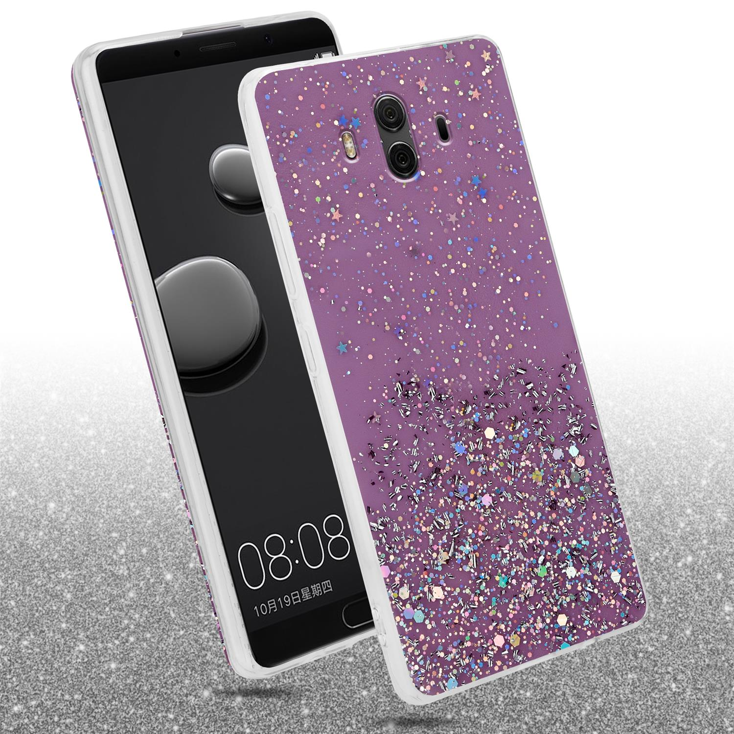 Eine lila Handyhülle mit Glitzer und Sternen. Die Handyhülle befindet sich auf einem glänzenden Hintergrund, Telefon im Inneren.