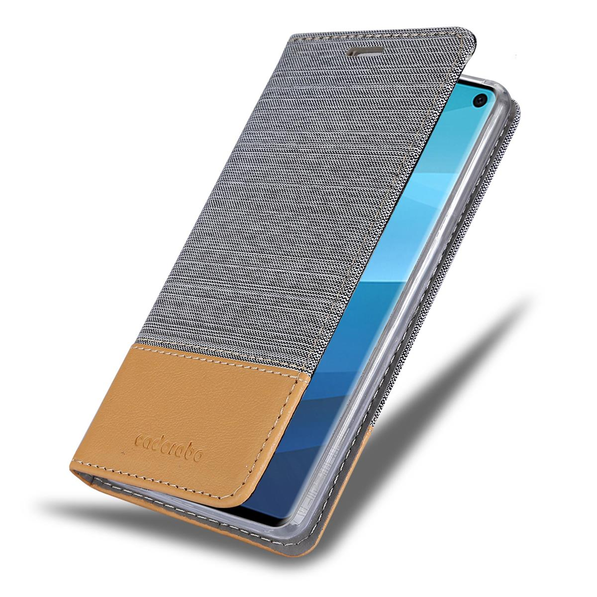 Handyhülle mit grauem und beigem Design, geöffnet, um den Telefonbildschirm freizugeben.