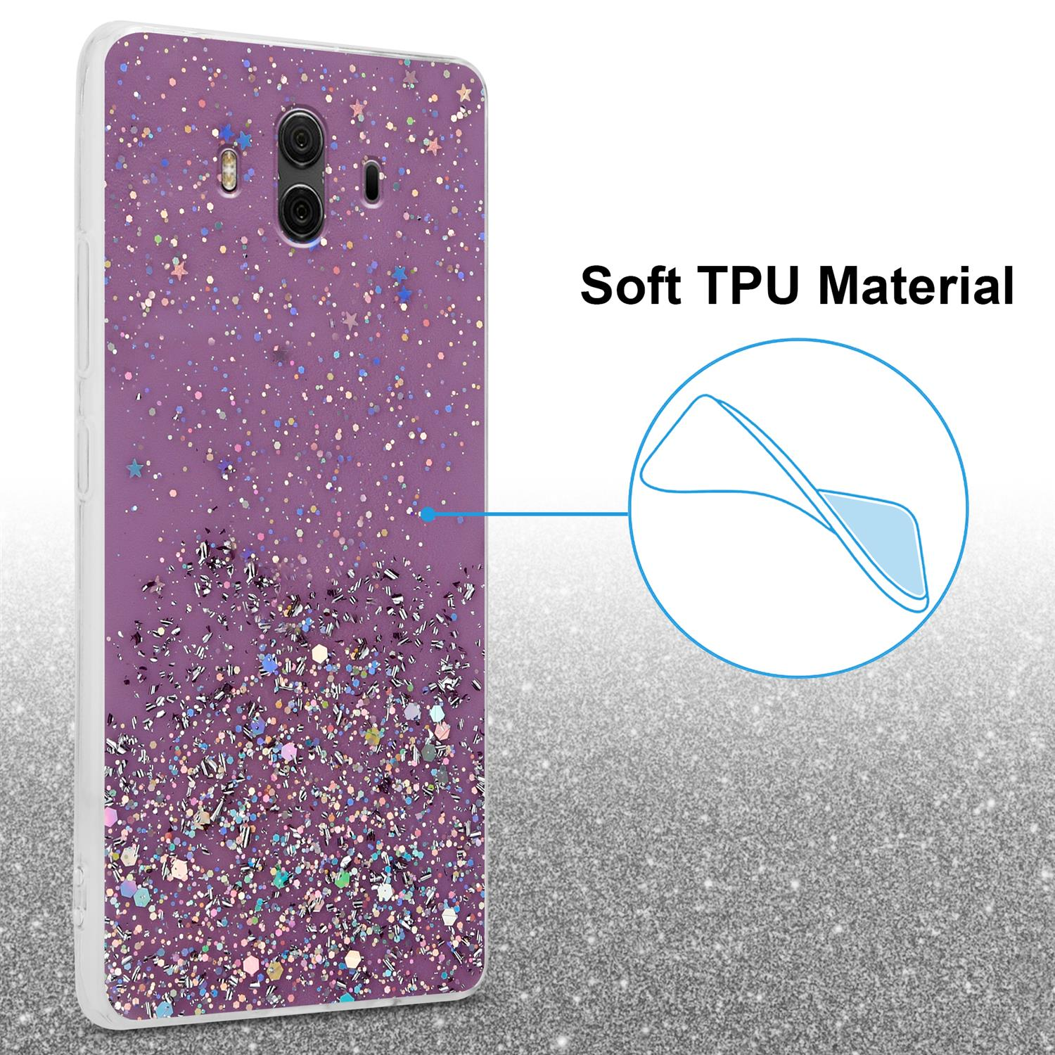 Lila Handyhülle mit Glitzer. Auf der rechten Seite steht Soft-TPU-Material.