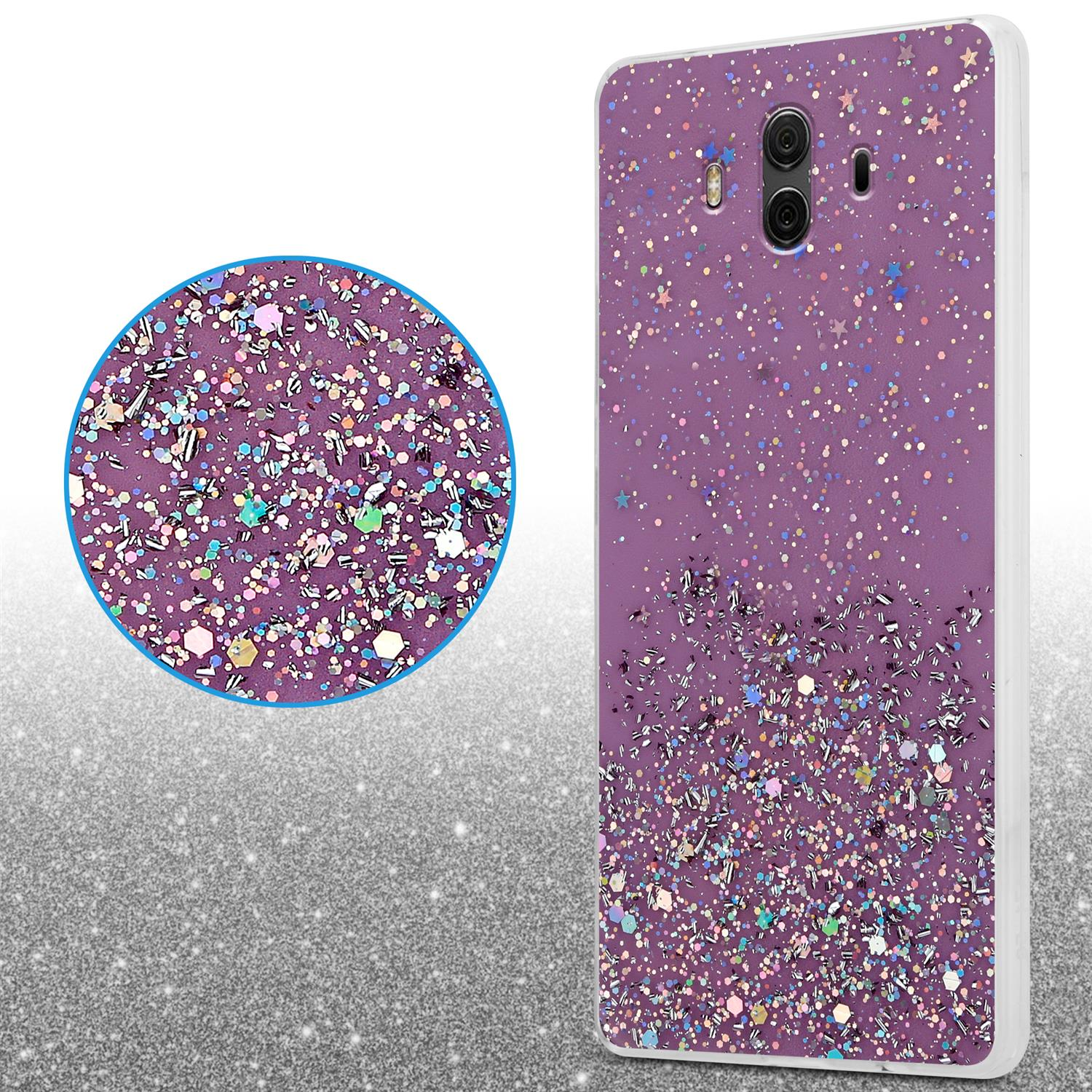 Lila Handyhülle mit Glitzereffekt, Nahaufnahme des Glitzers und verschwommener Silberhintergrund.