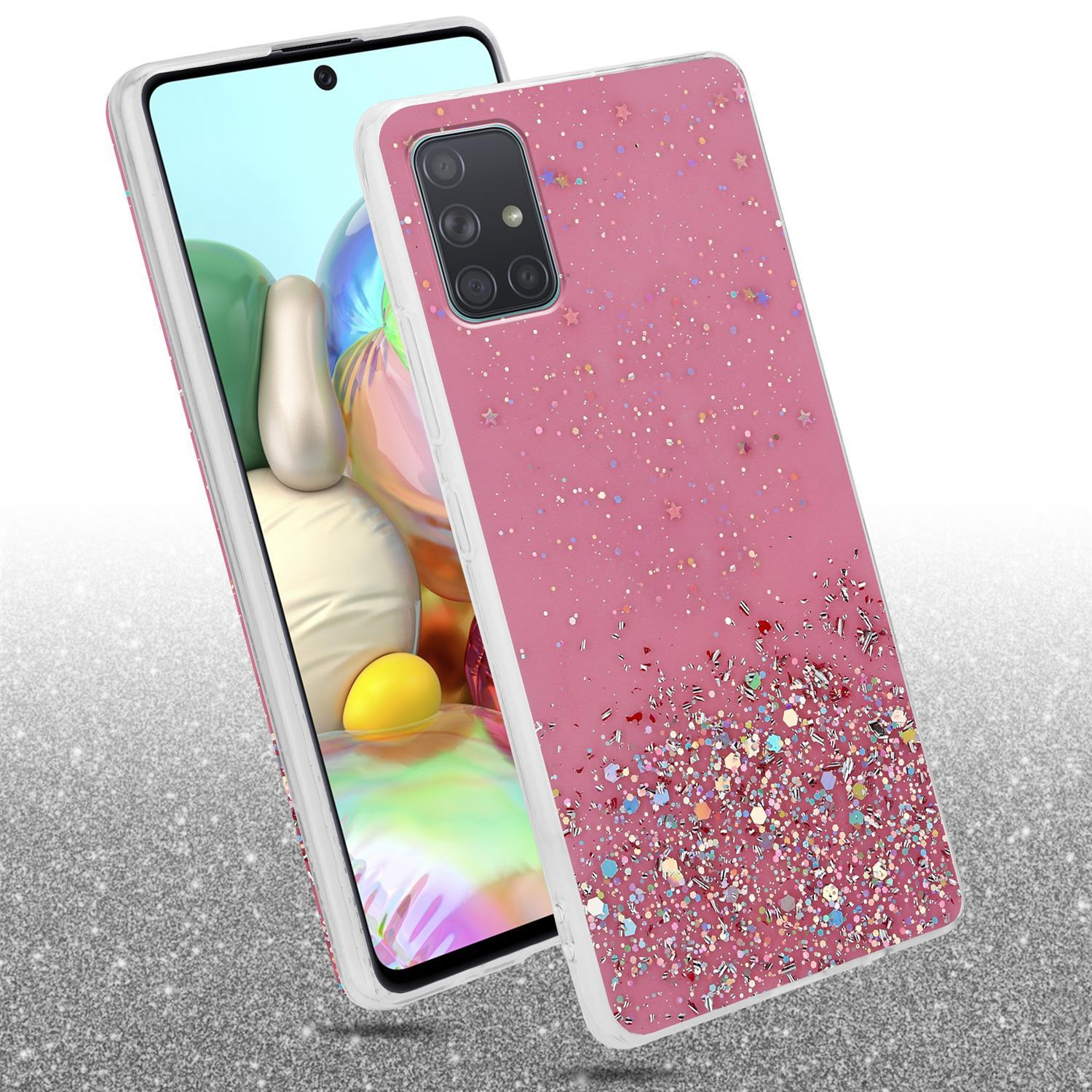 Rosa Handyhülle mit Glitzer und Sternen, mit einem Telefon darin.