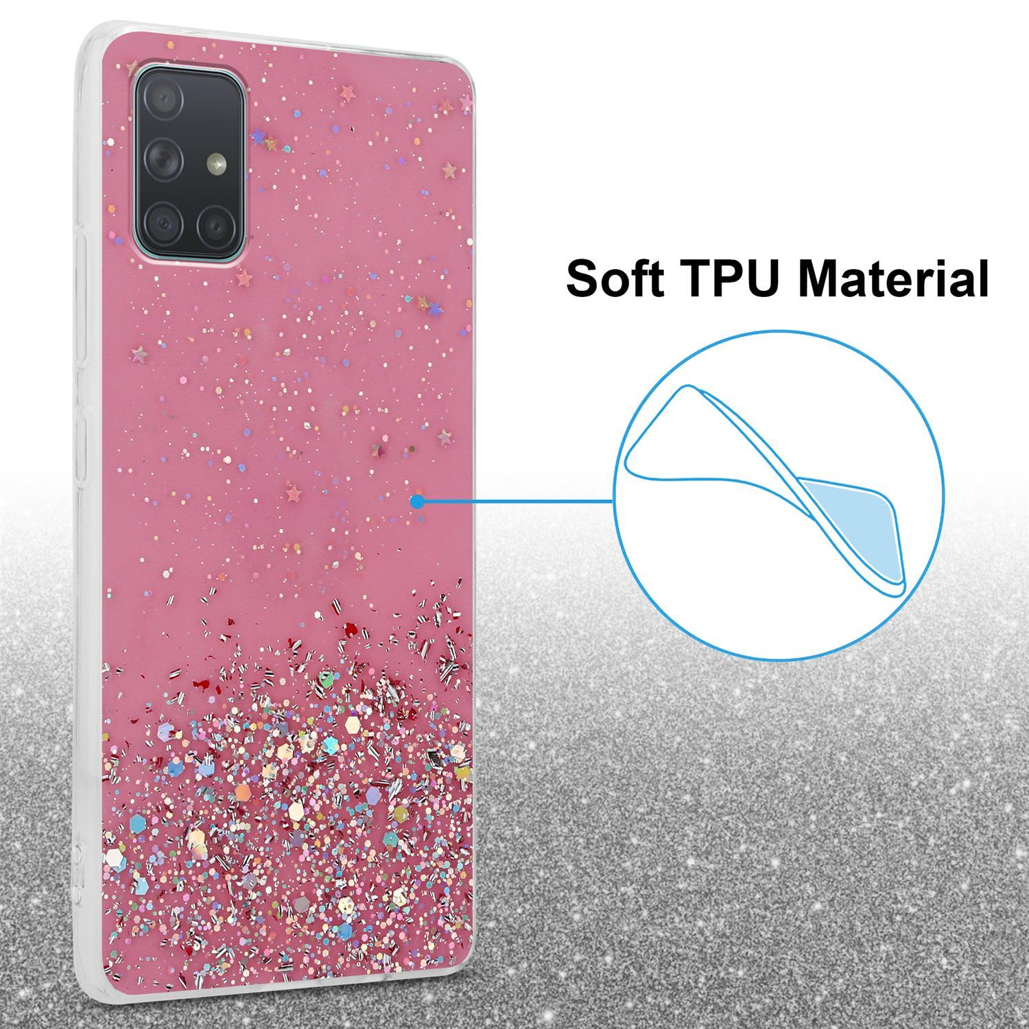 Rosa Handyhülle mit Glitzer. Text: Soft TPU Material.