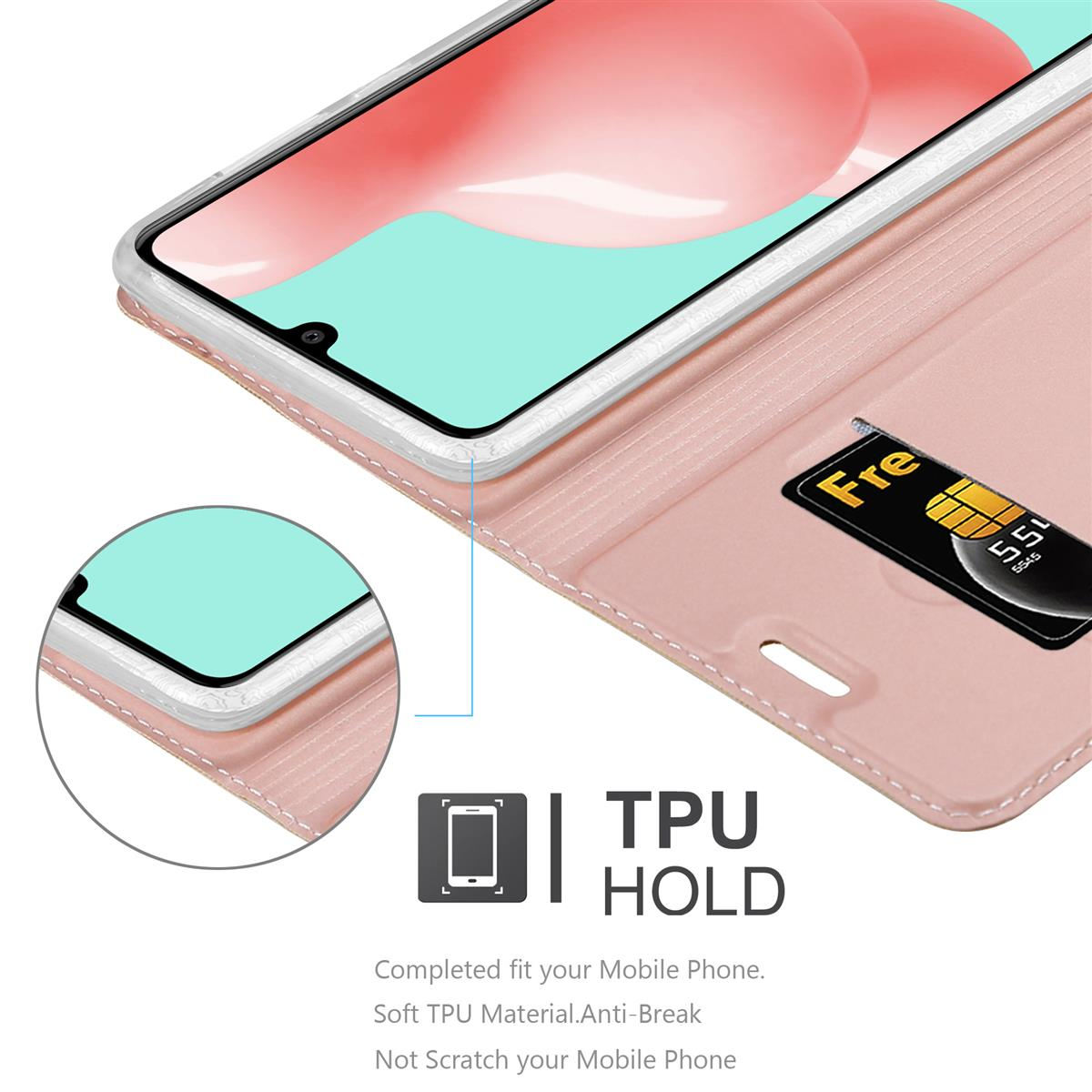 Eine rosa Handyhülle, geöffnet, zeigt ein Telefon und eine Karte. Die Hülle scheint das Telefon zu schützen.