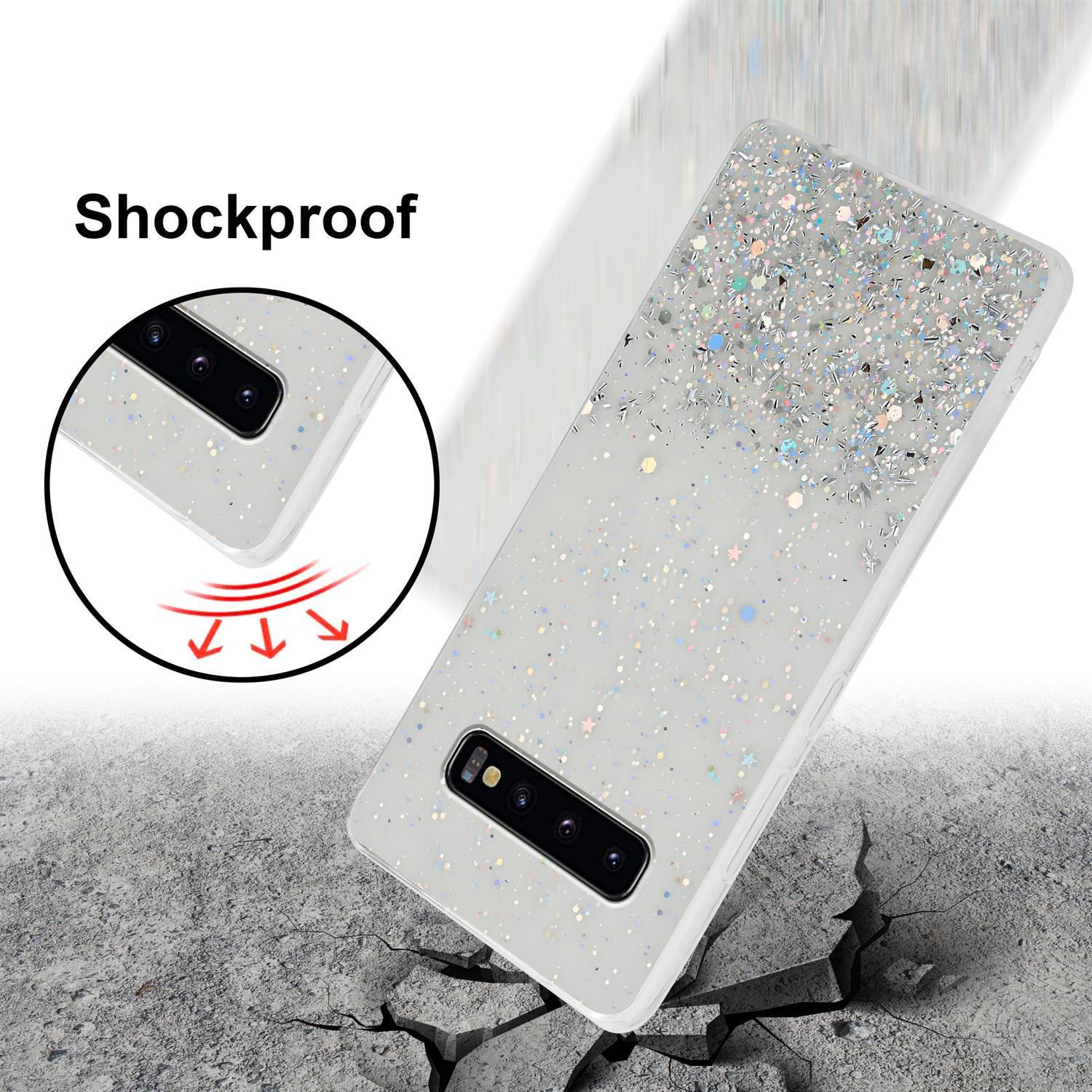 Weiße Handyhülle mit Glitzerdesign. Stoßfest.