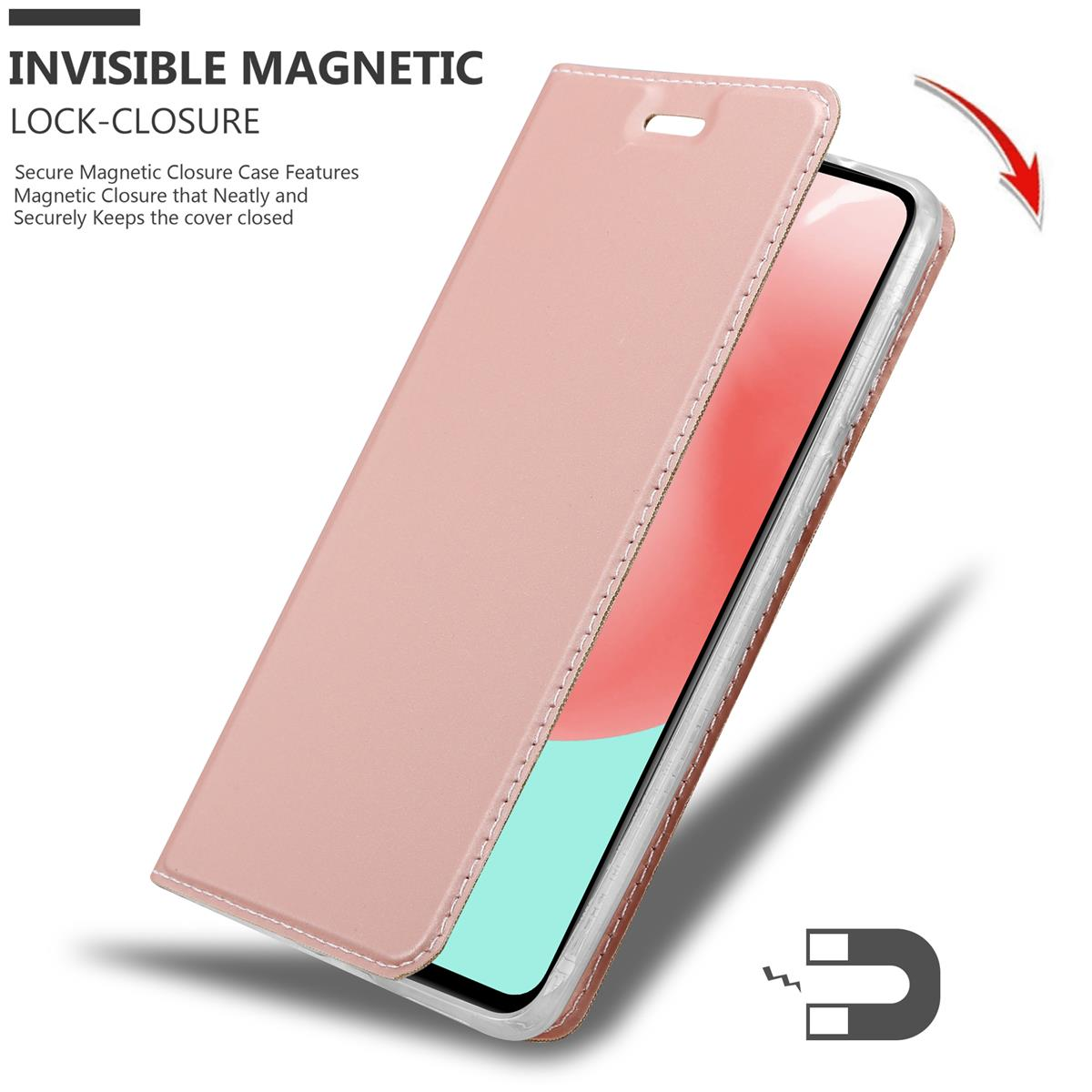 Rosa Handyhülle mit Magnetverschluss, zeigt ein Handy mit farbenfrohem Display.