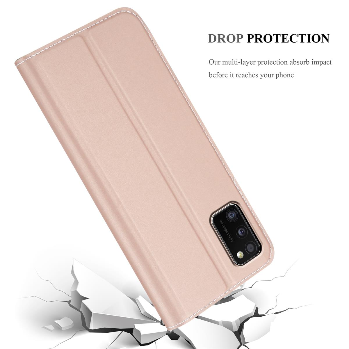 Eine rosa Handyhülle wird schräg gezeigt, mit einem Telefon darin. Die Hülle ist im unteren Teil gerissen.