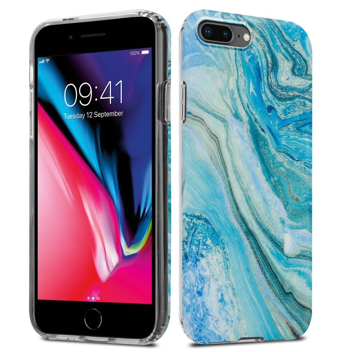 Ein Telefon in einer transparenten Hülle mit einem blauen Marmor-Design auf der Rückseite. Die Uhrzeit ist 09:41 auf dem Bildschirm.