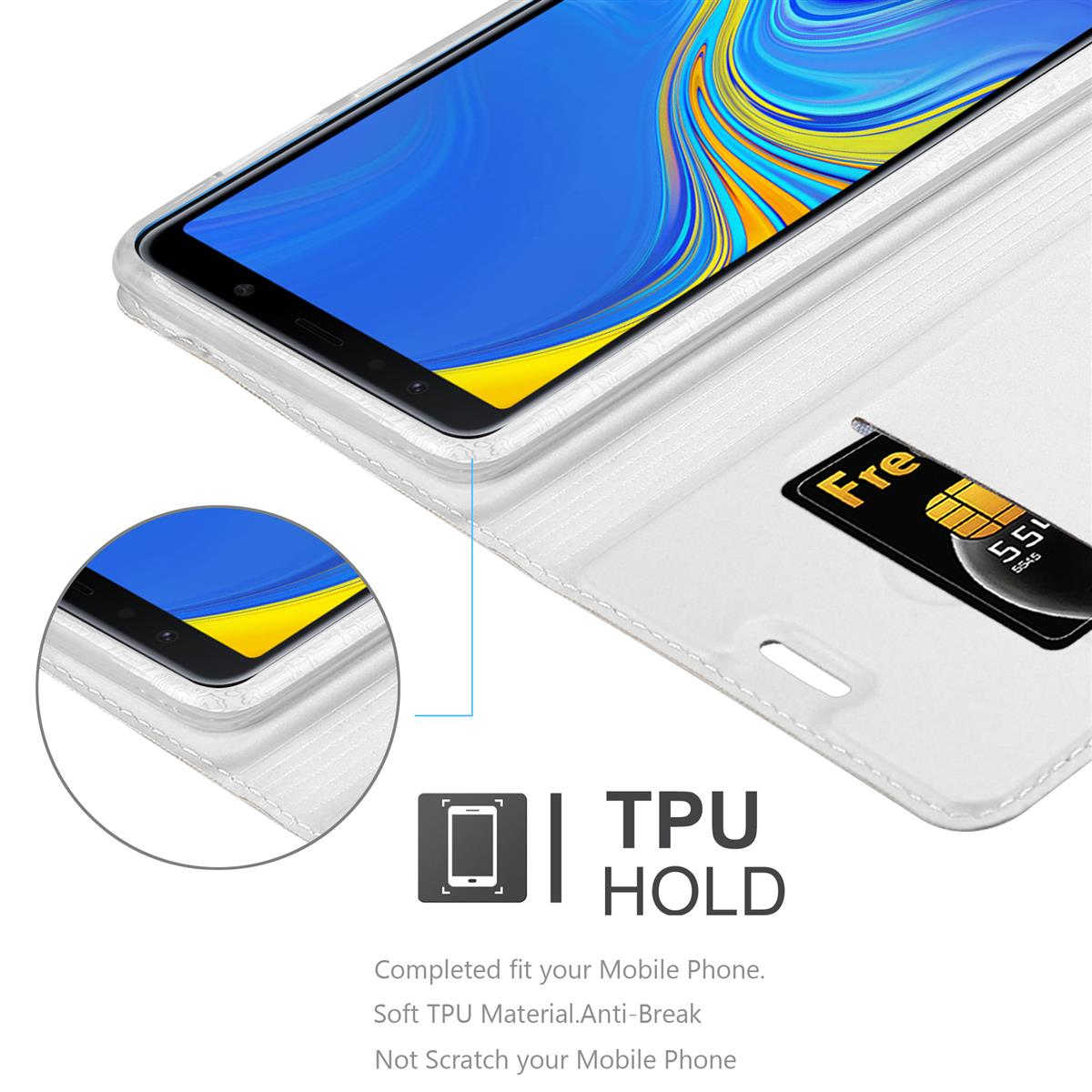 Custodia bianca con parte anteriore aperta e SIM visibile. Il telefono è nella custodia. Testo TPU HOLD.
