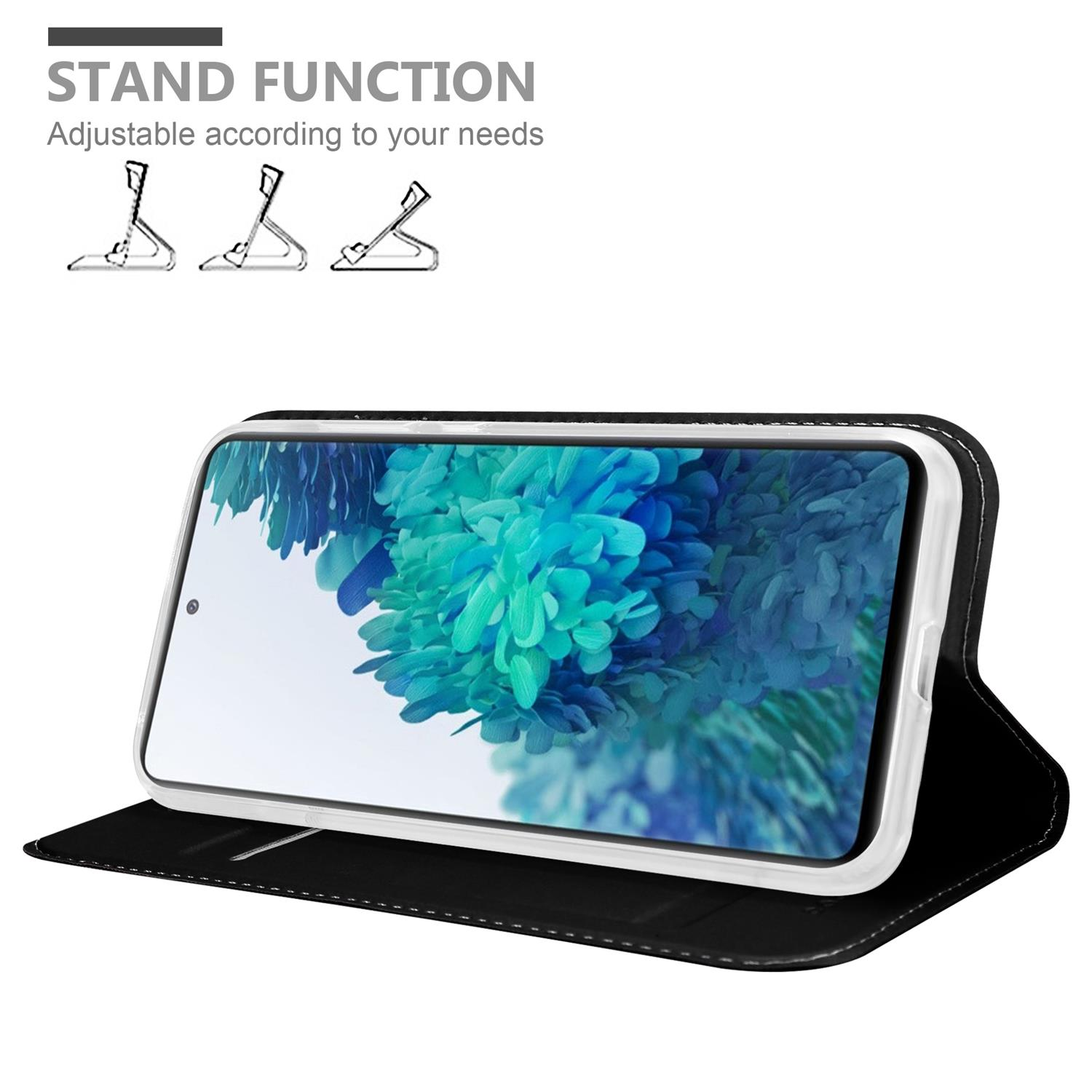 Custodia per telefono con funzione stand. Un telefono all'interno, che mostra uno sfondo sfocato colorato.
