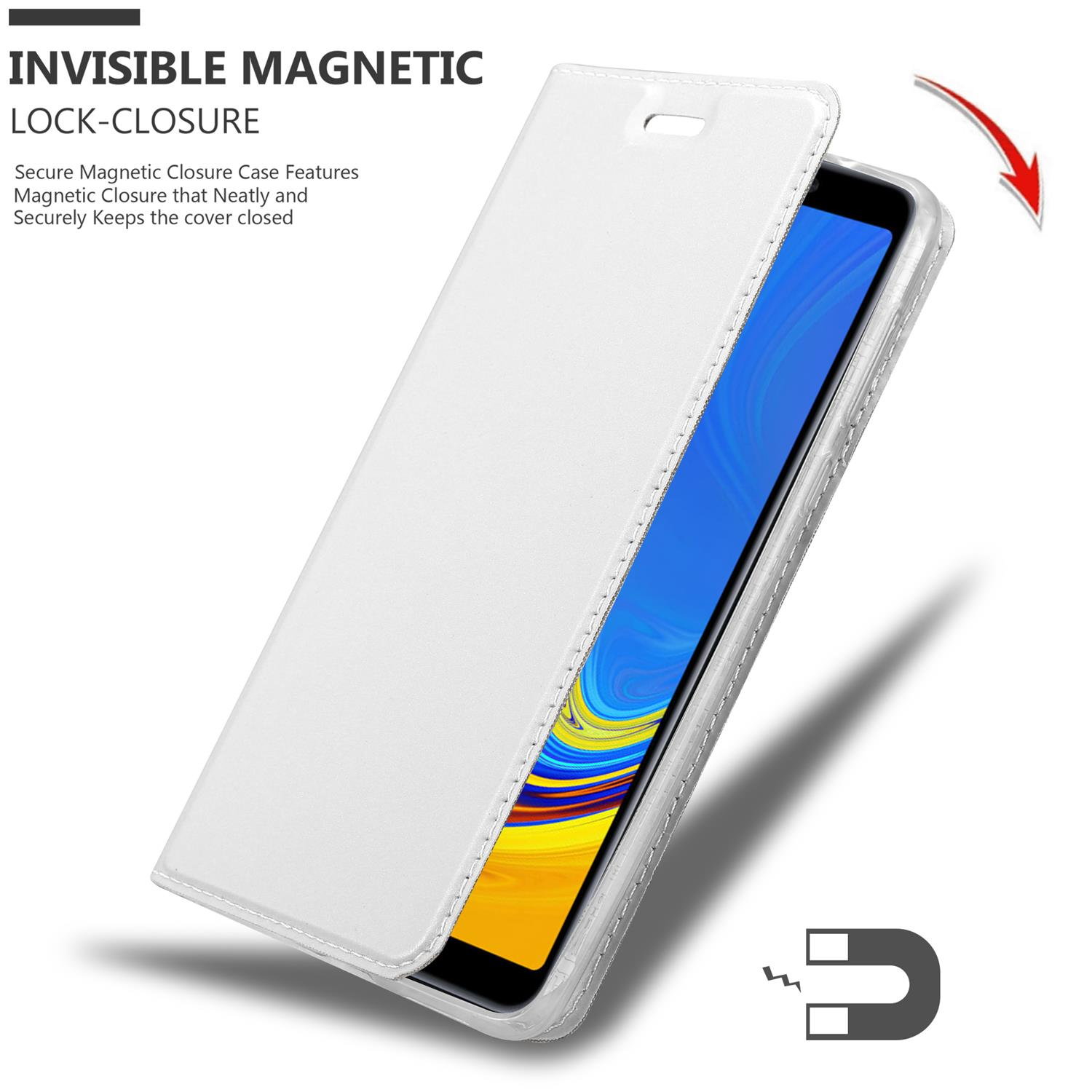 Custodia bianca per telefono con telefono all'interno, con la cover aperta. È visibile anche un'icona a forma di magnete.