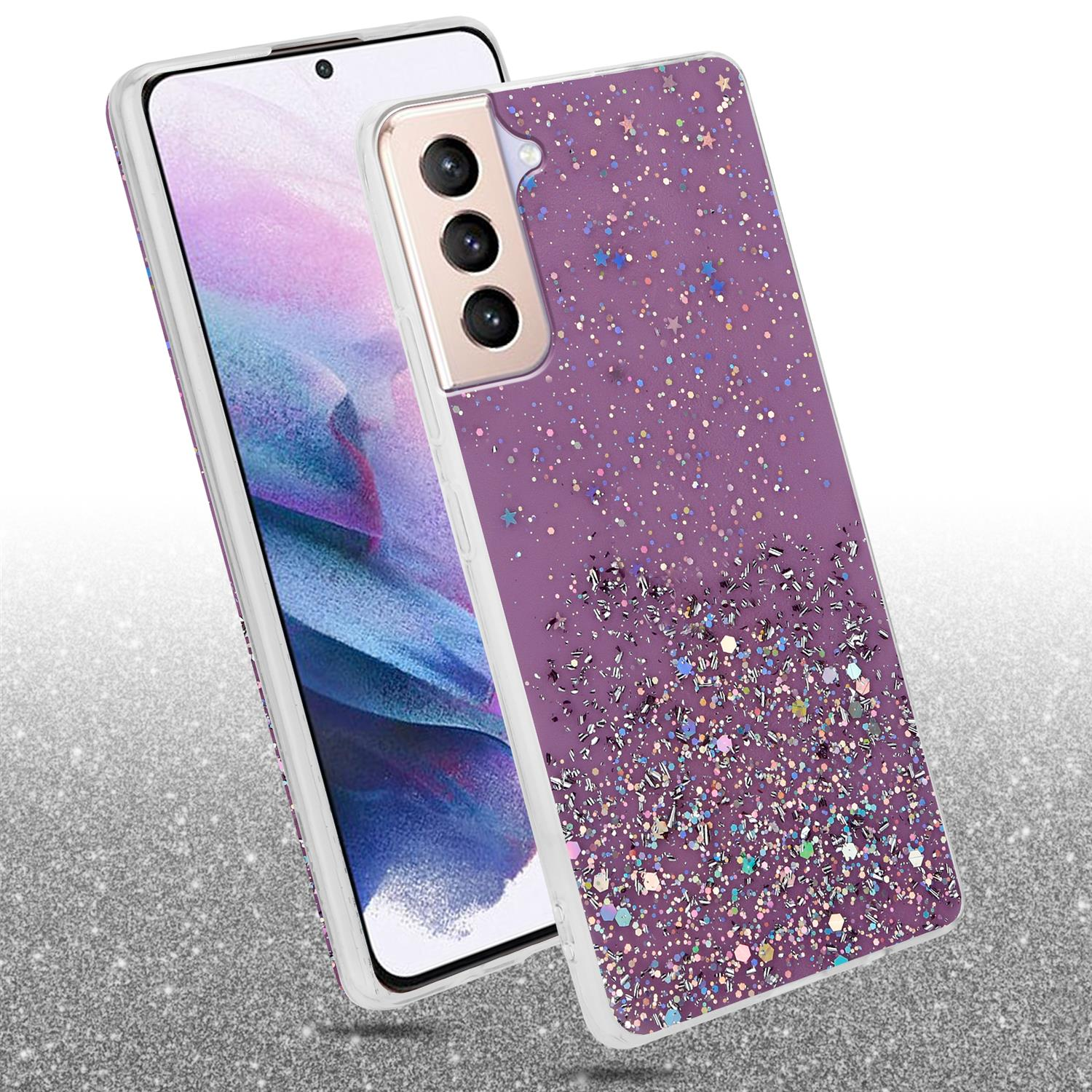 Eine lila Handyhülle mit Glitzer und Sternen. Das Telefon im Inneren ist weiß mit drei Kameras.