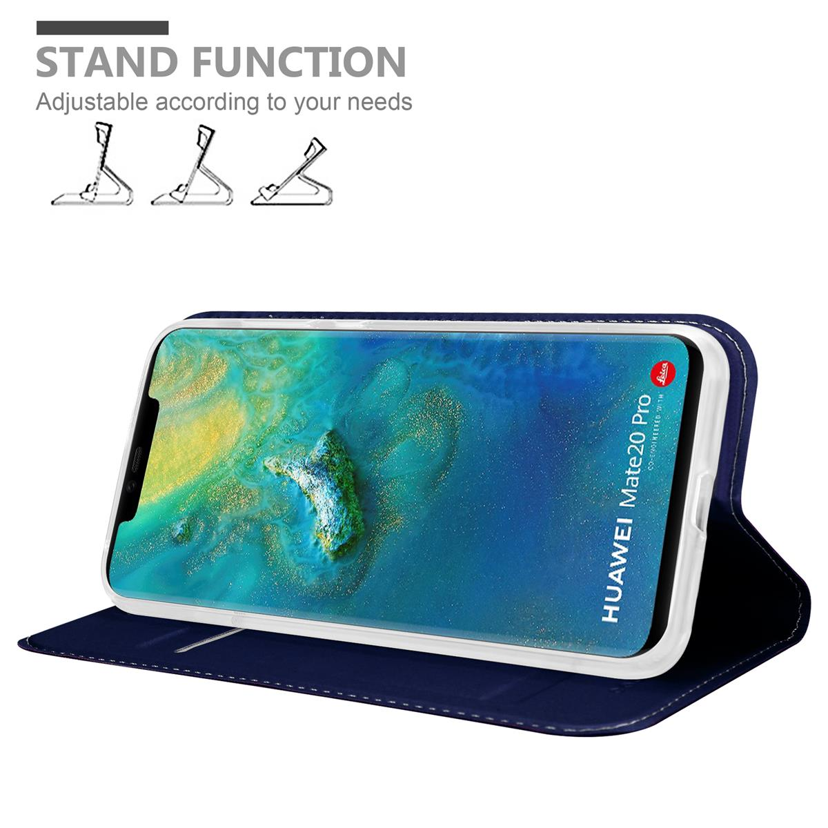 Blaue Handyhülle mit einem aufrecht stehenden Telefon, das die Standfunktion zeigt.