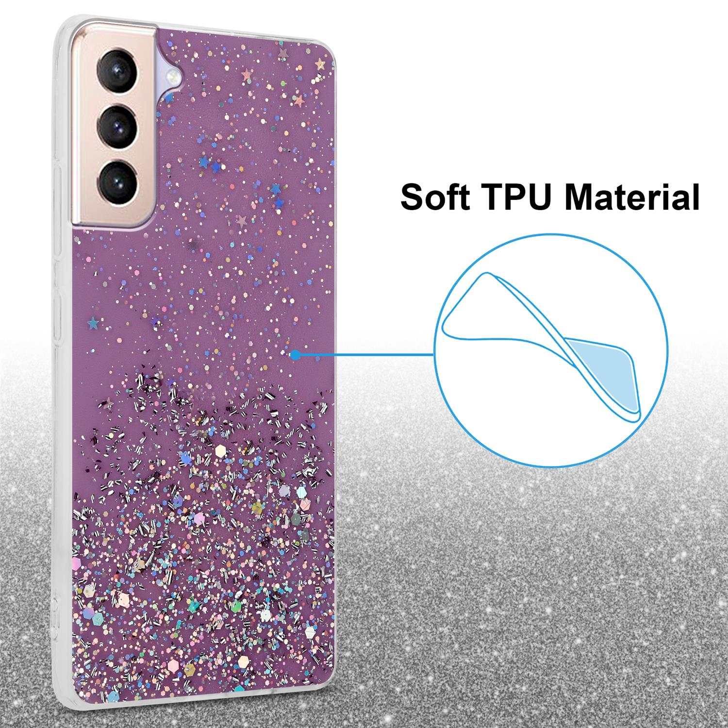 Eine lila Handyhülle mit Glitzer. Ein kreisförmiger Bereich hebt das Material hervor.
