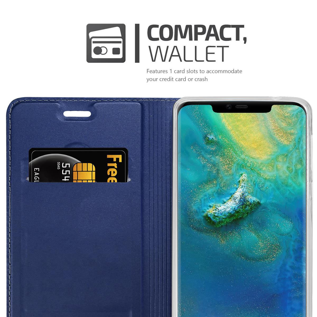 Eine blaue Handyhülle ist geöffnet und zeigt ein Telefon. Eine Karte mit goldenem Streifen befindet sich in einem Schlitz. Text: 'KOMPAKTE GELDBÖRSE'.