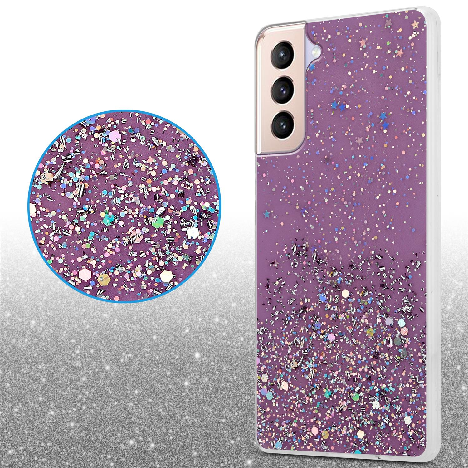 Lila Handyhülle mit Glitzer. Rechts ein Telefon, links eine Nahaufnahme.