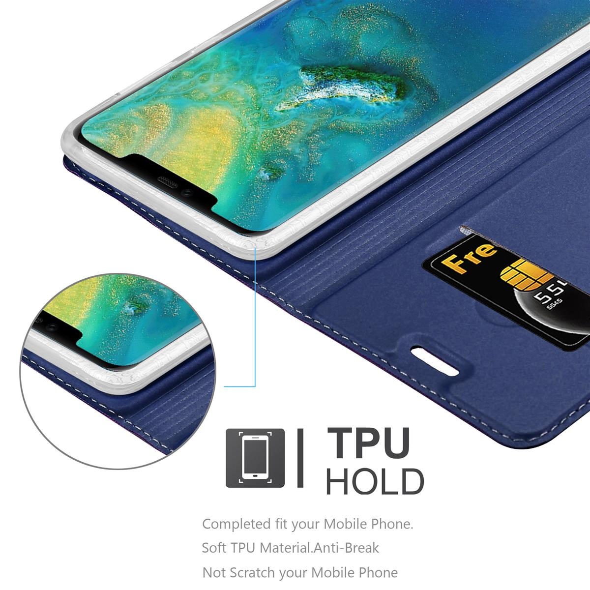 Telefon in blauem Wallet-Case, geöffnet. Karte mit Zahlen im Case. Telefonbildschirm sichtbar.