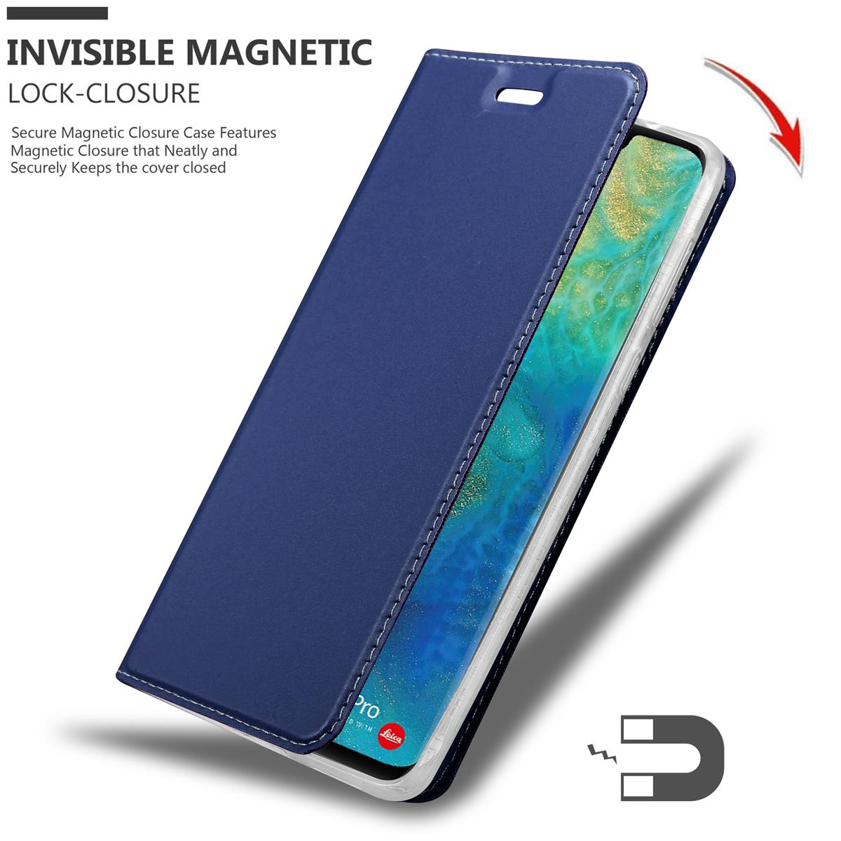 Blaue Handyhülle, offen mit Telefon, Magnet und Pfeil, der das Schließen anzeigt.