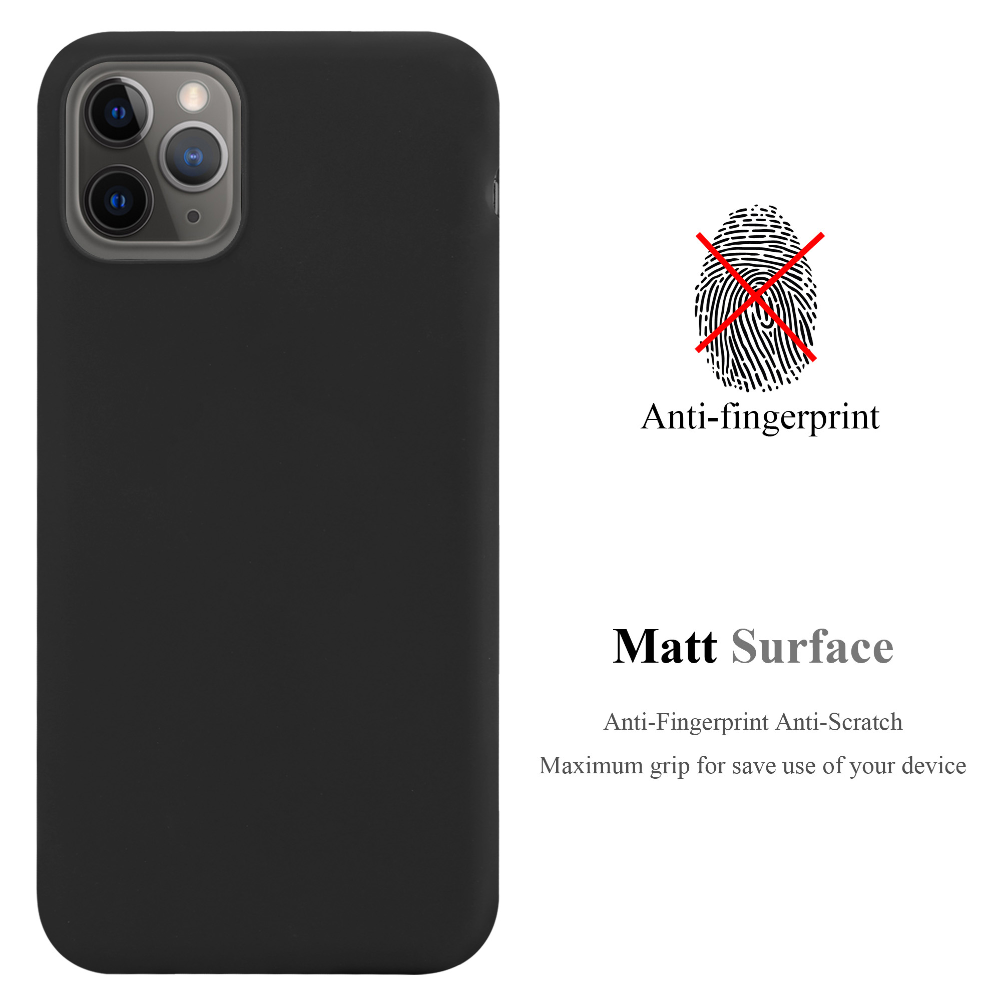 Schwarze Handyhülle mit Fingerabdruck und den Worten Anti-Fingerabdruck und Matt Surface.