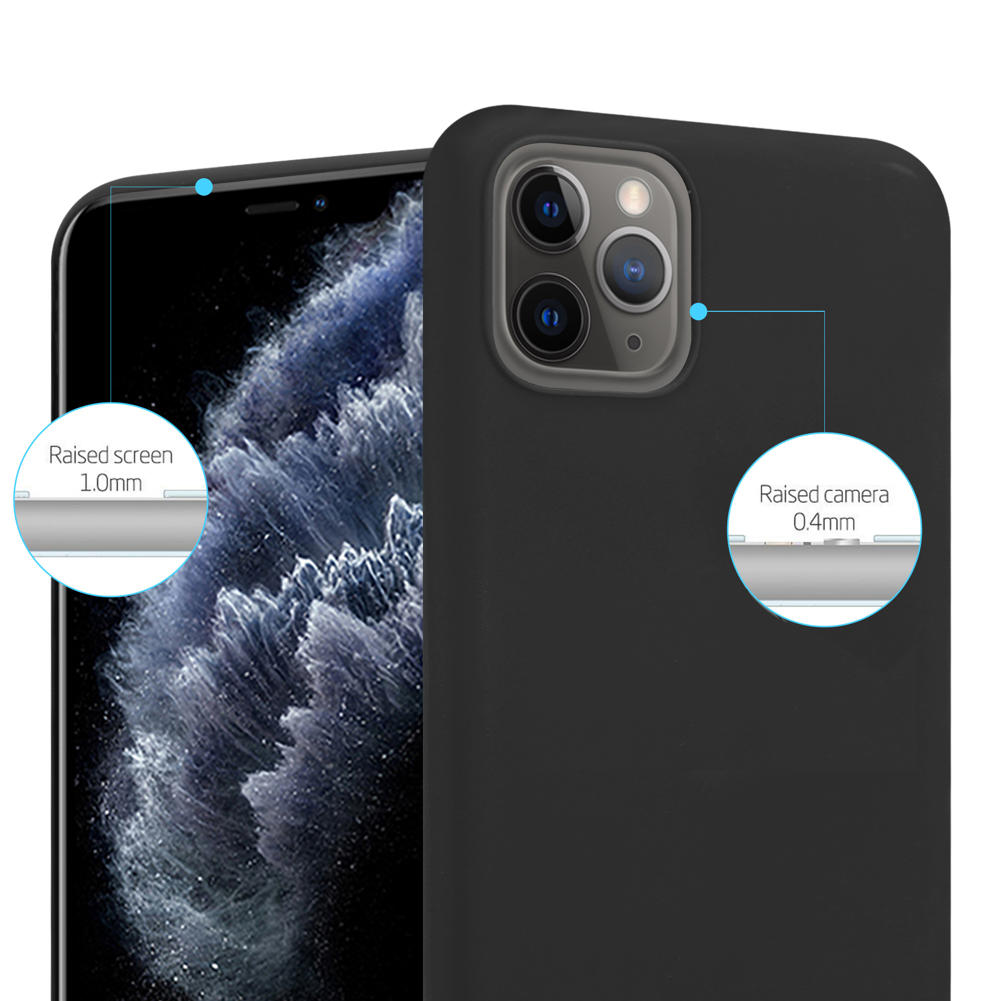 Eine schwarze Handyhülle schützt ein Telefon und hebt den erhöhten Bildschirm und die Kamera hervor.